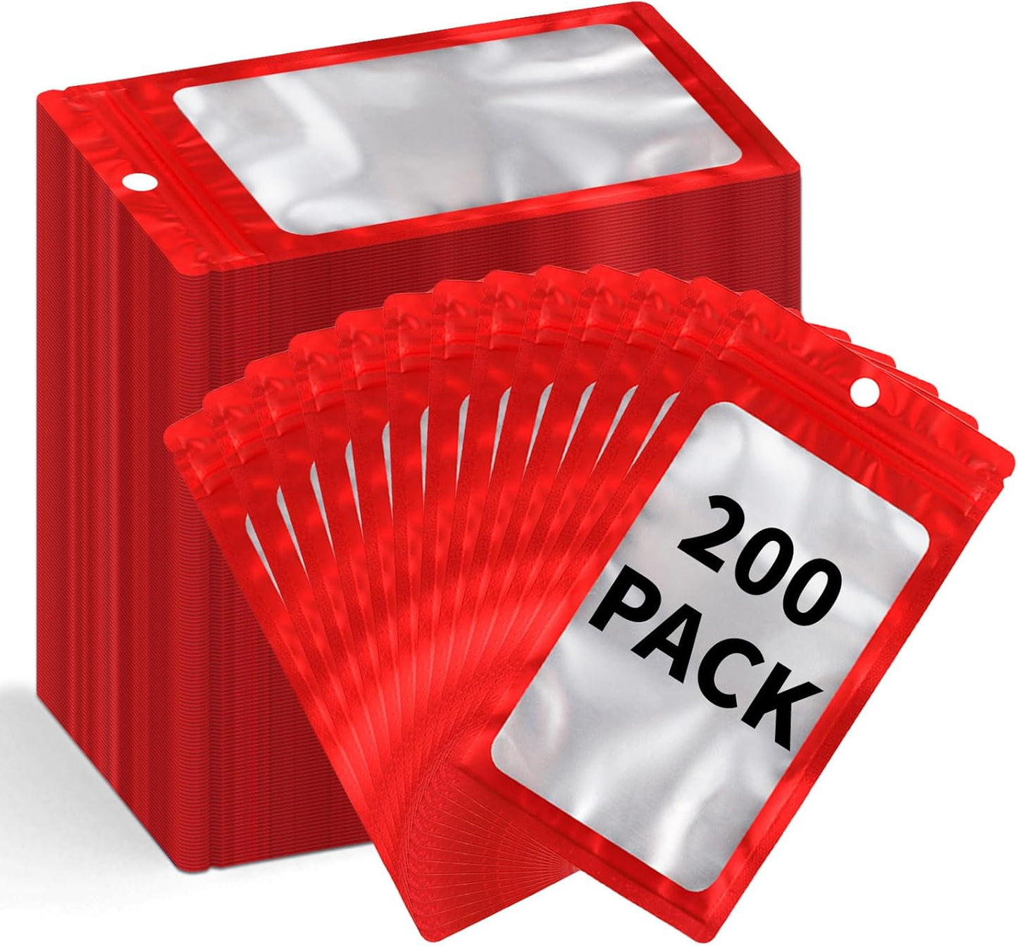 200 Pack Resealable Mylar Holographic Bags Food Storage Smell Proof Bags with Front Window Foil Packaging Pouch for Candy Sample Jewelry Small Business 4.13×5.91 Inch, Red