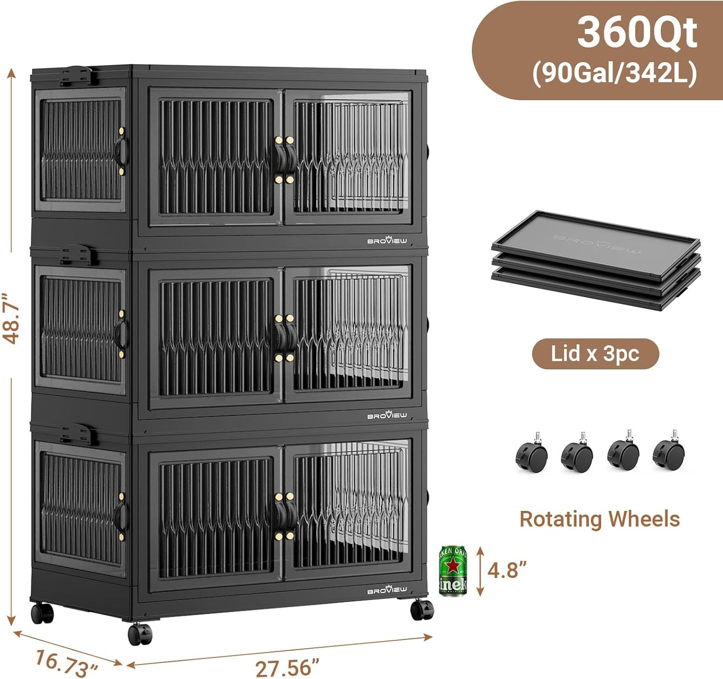 360QT Large Stackable Storage Bins with Lids, Plastic Closet Organizer and Storage Drawer, Collapsible Storage Box with Wheels, Folding Storage Cabinet with Doors for Home Kitchen, 3Pack Black