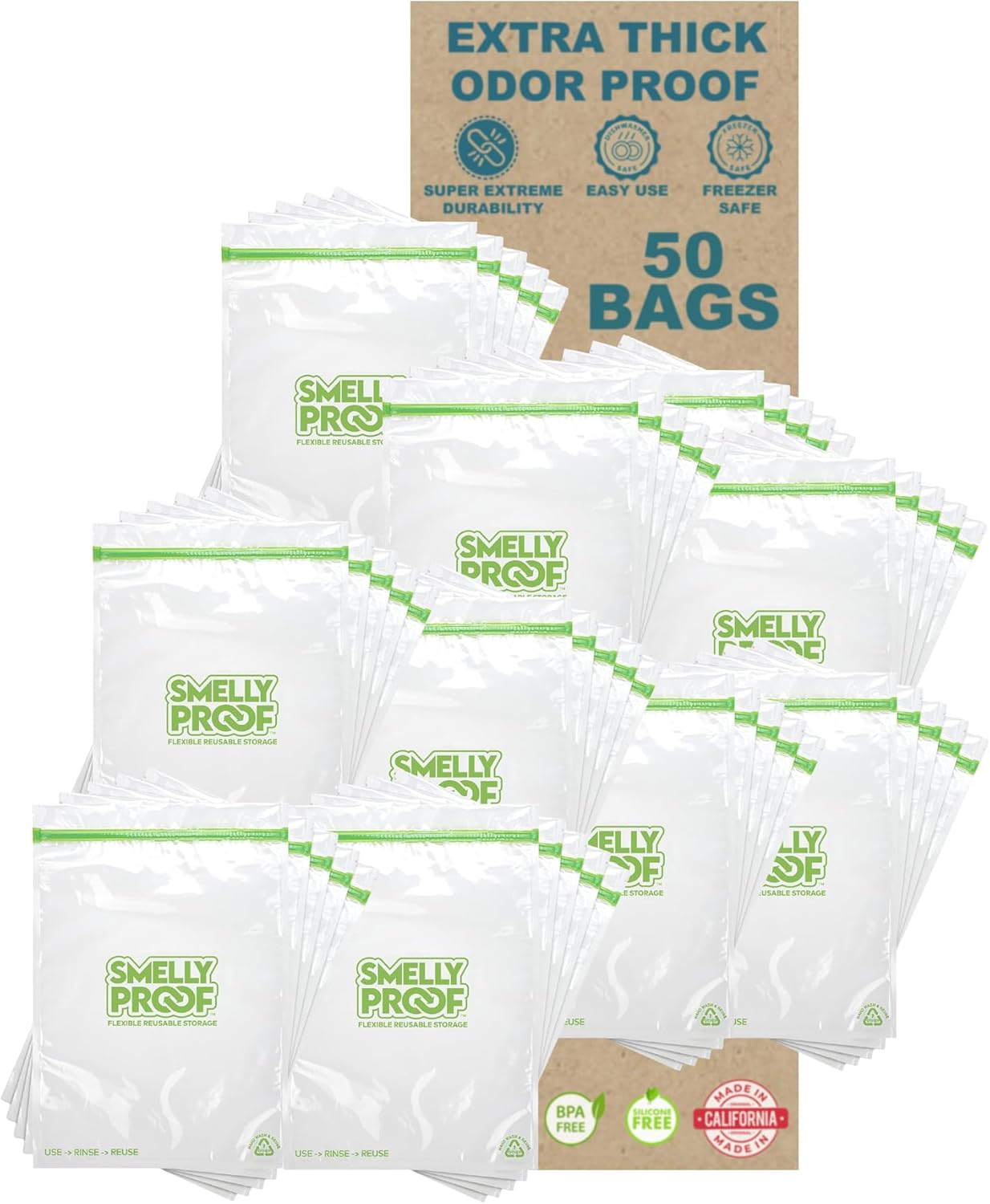Smelly Proof 50pk Reusable Freezer Bags - Made in USA, Dishwasher-Safe, BPA FREE, NO PEVA, XXL 2-Gallon, Clear FLAT 12" x 16"