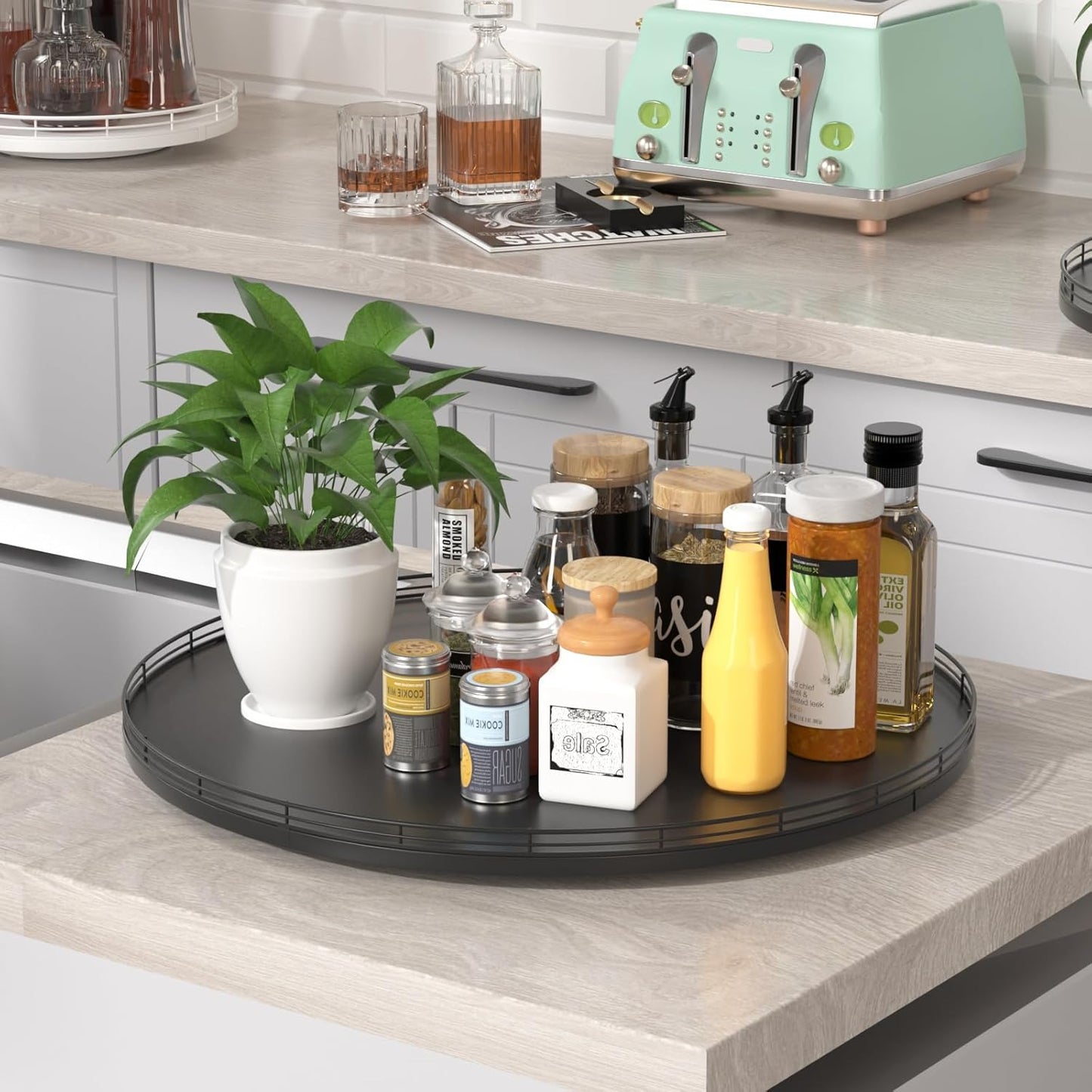 21" Oak Wooden Lazy Susan Turntable for Dining Table, Extra Large Round Lazy Susans Organizer for Kitchen Countertop Charcuterie Boards Cheese Board Organization and Storage Black Home Decor