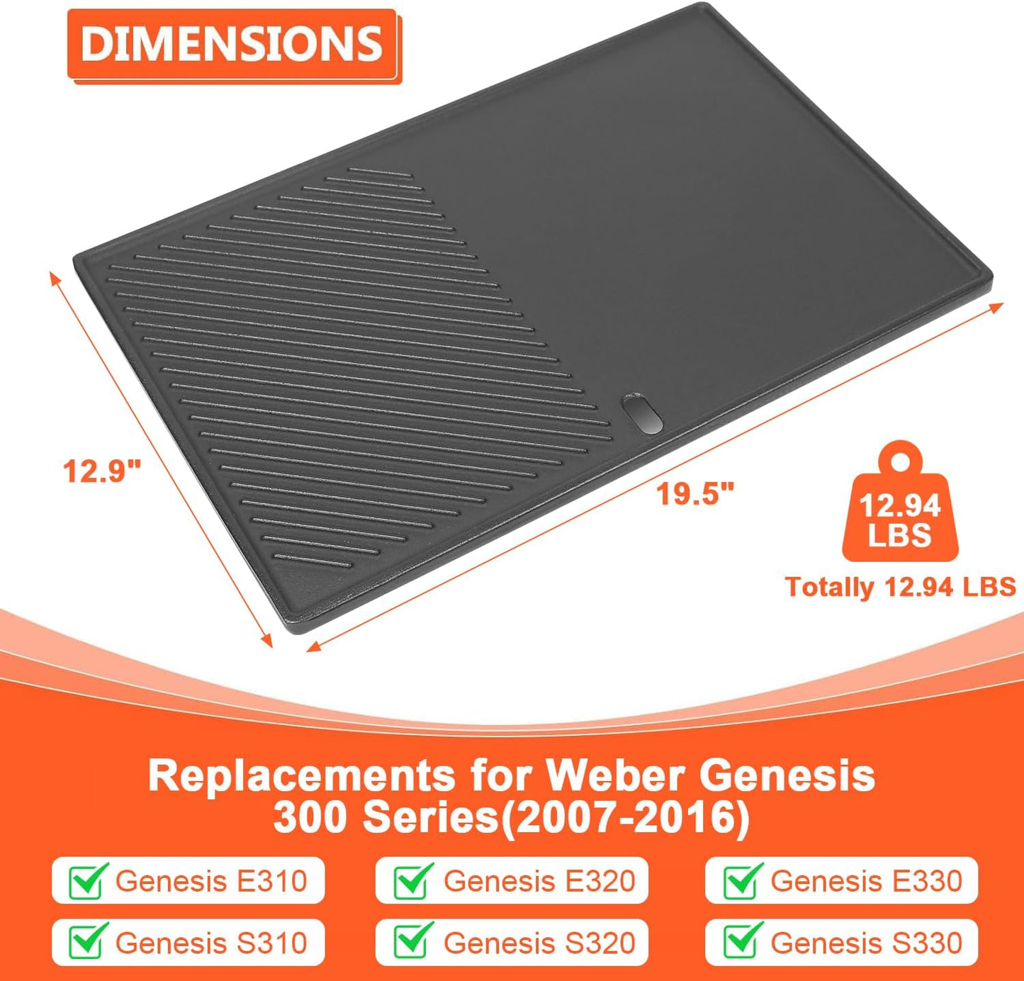 7566 Cast Iron Griddle for Weber Genesis 300 Series Grills – Compatible with Genesis E310, E320, E330, Cast Iron Reversible Griddle Plate Replacement for Weber 7524, 1 Pack