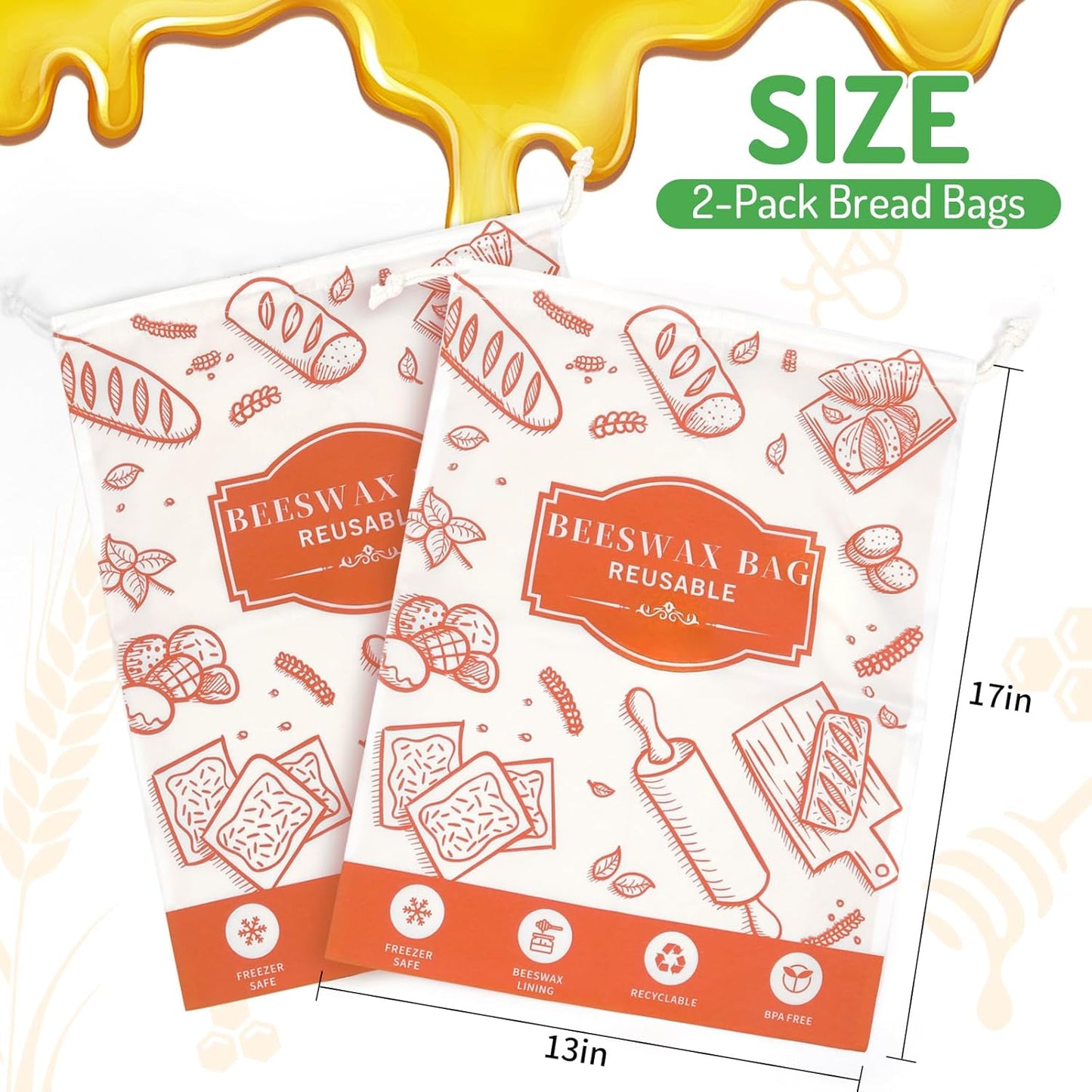 2-Pack Beeswax Bread Bags for Homemade Bread, Orange Reusable Sourdough Storage Bags with Premium Beeswax Coating for Loafs Baguette Fresh Keeping,Great Homesteading Essentials and Baking Gifts.