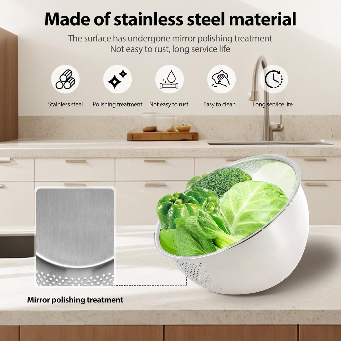 4PCS Rice Washer Strainer Bowl with Side Drainers Stainless Steel Rice Washing Bowl Multifunctional Colander for Cleaning Rinsing Fruits Vegetables Beans Silver