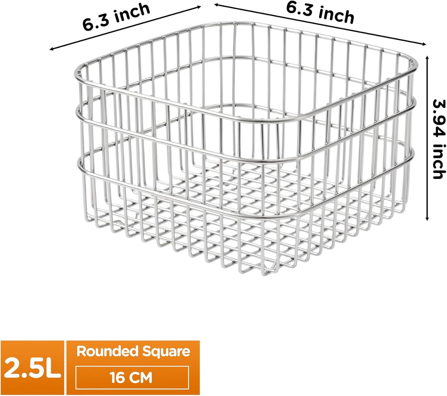 304 Stainless Steel Wire Mesh Fruit Basket Colander, 2.5L Countertop Storage Organizer for Fruits, Vegetables, Snacks.6.3 x 6.3 x 3.94 in (16cm,Rounded Square)