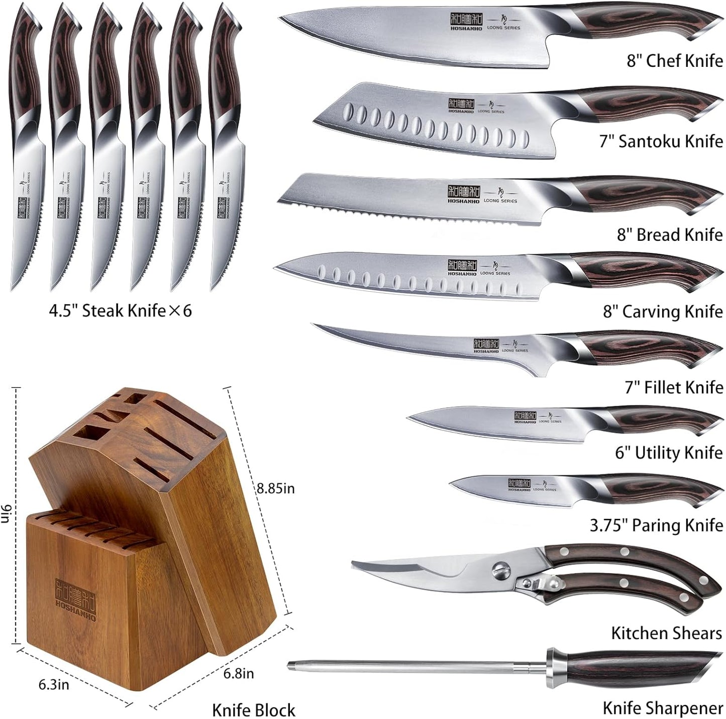 16-Piece Knife Set, Japanese High Carbon Stainless Steel Kitchen Knife Set, Ultra Sharp Chef Knife Block Set with Sharpener