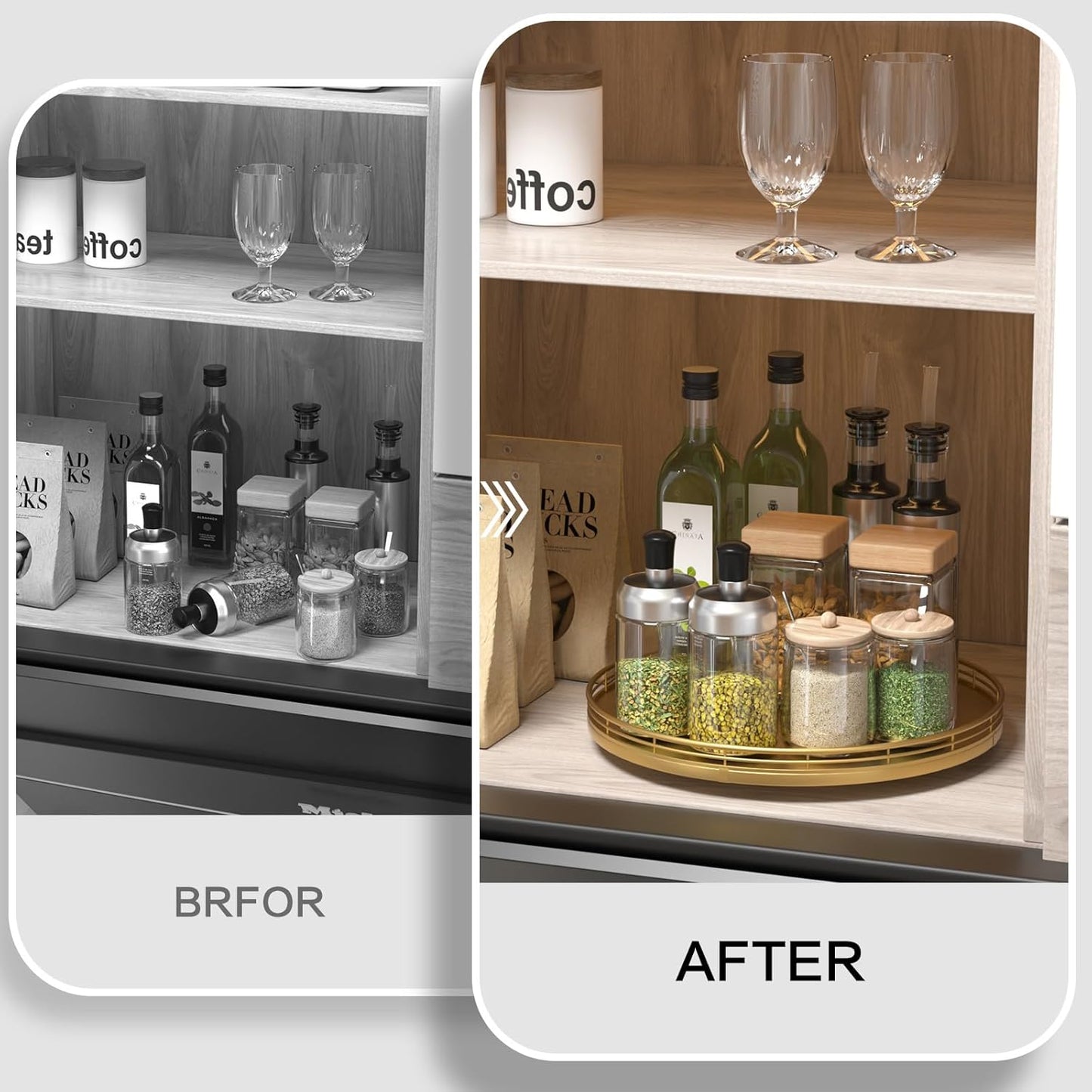 13" Gold Lazy Susan for Table Top, Oak Wood Lazy Susan Turntable Organizer for Dining Coffee Table Centerpiece Bar Decor Kitchen Countertop Bathroom Vanity Decorative Tray for Perfume Jewelry Round