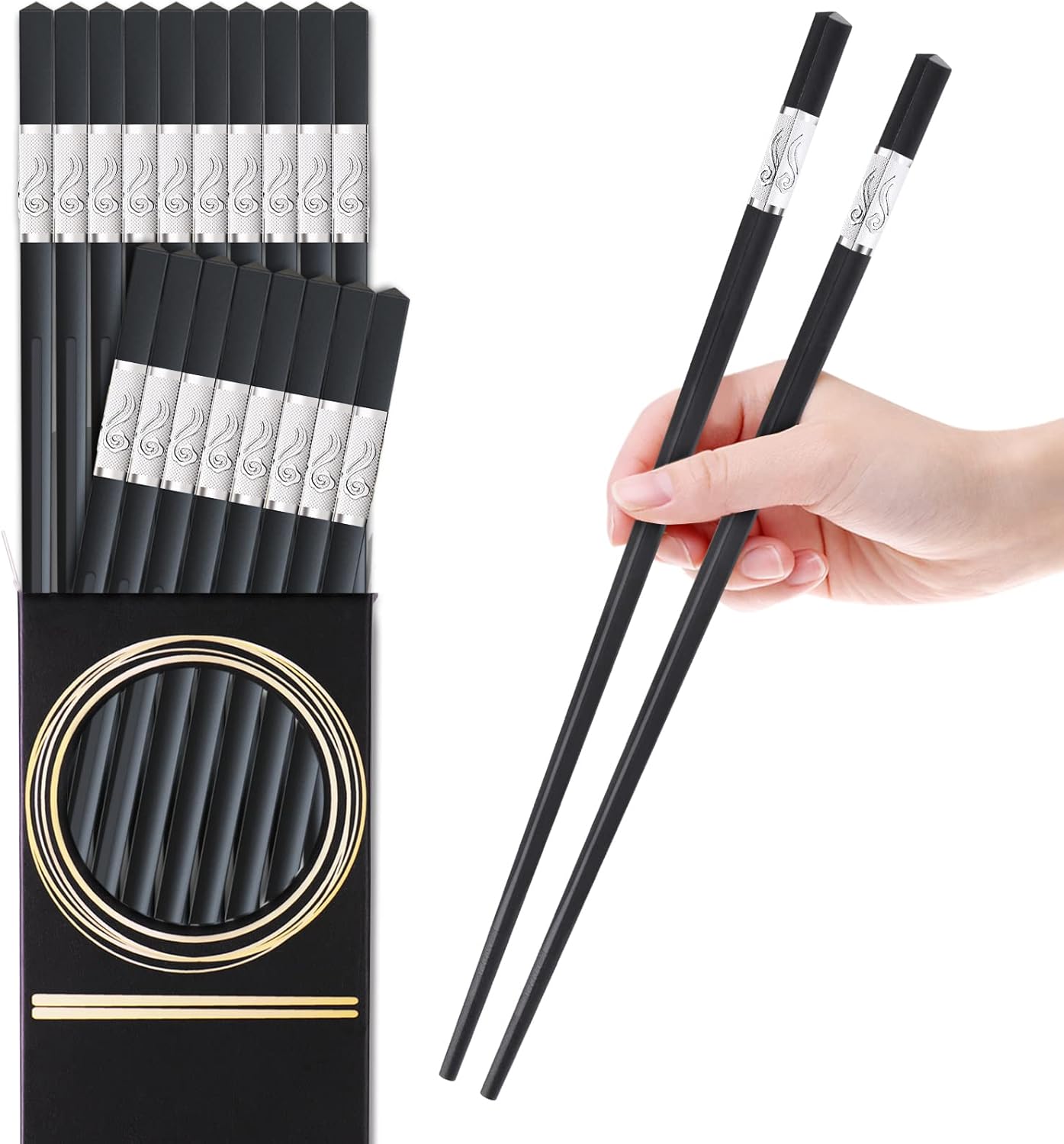 10 Pairs Fiberglass Chopsticks, GLAMFIELDS Reusable Chop sticks Dishwasher Safe, Non-slip, 9 1/2 inch (Silver)