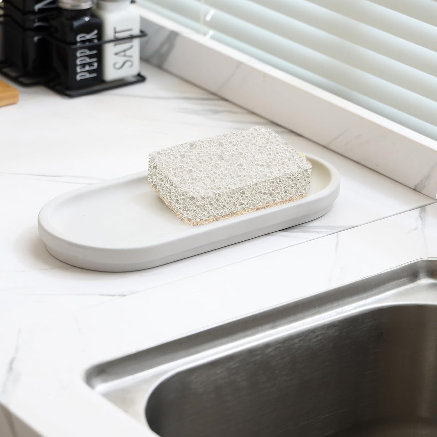 Diatomite Sink Caddy for Kitchen Organizer, Quick Dry Holder for Sponge, Dish, Brush, Bathroom Soap, Toothbrush - Fast Absorbing Stone Tray (Grey, 11" x 5")