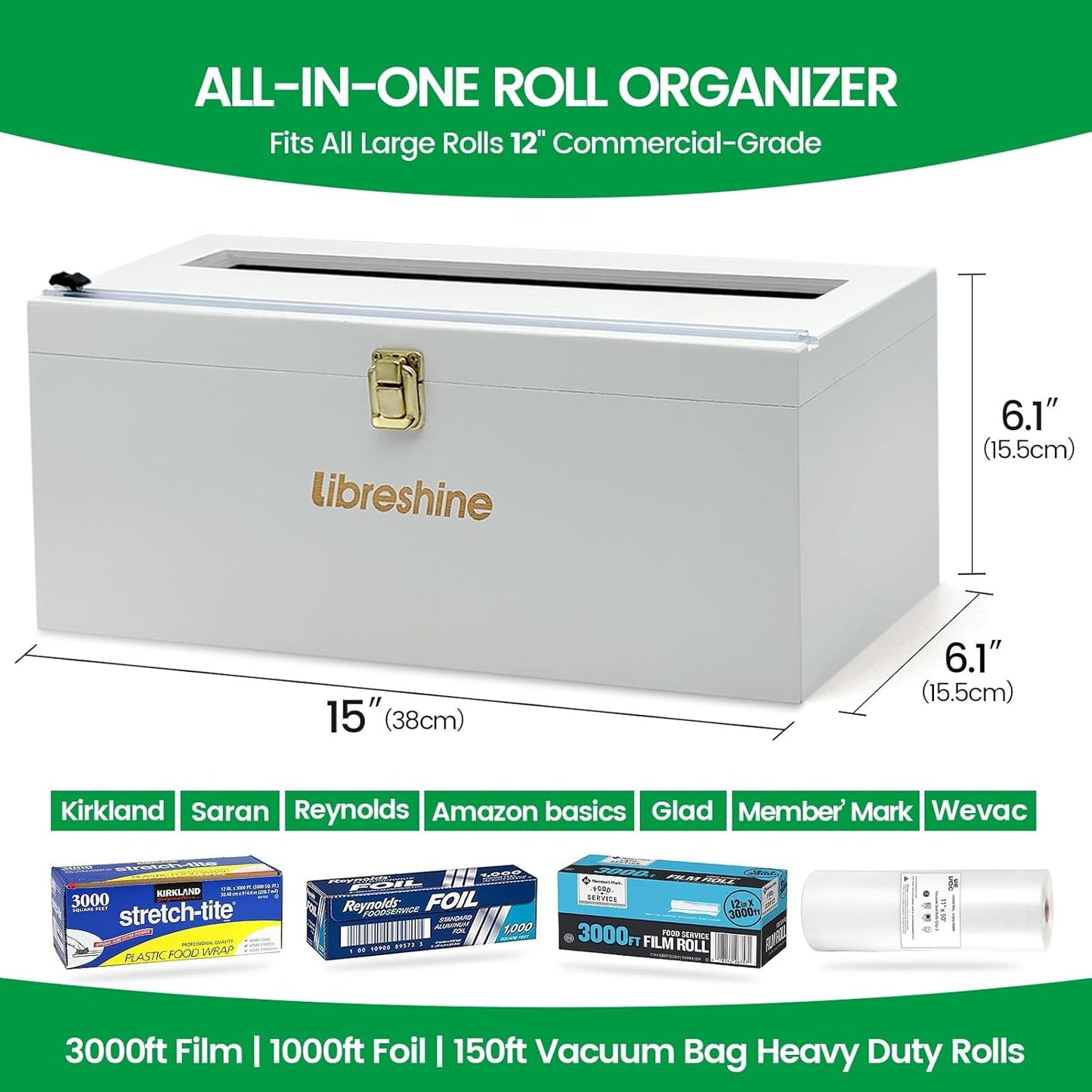 12" White Commercial Foil & Plastic Wrap Dispenser Organizer w/Cutter & Roller - Heavy-Duty XL Holder Fits 3000ft Film, 1000ft Foil Rolls, Costco-Sized - Kitchen, Restaurant Storage