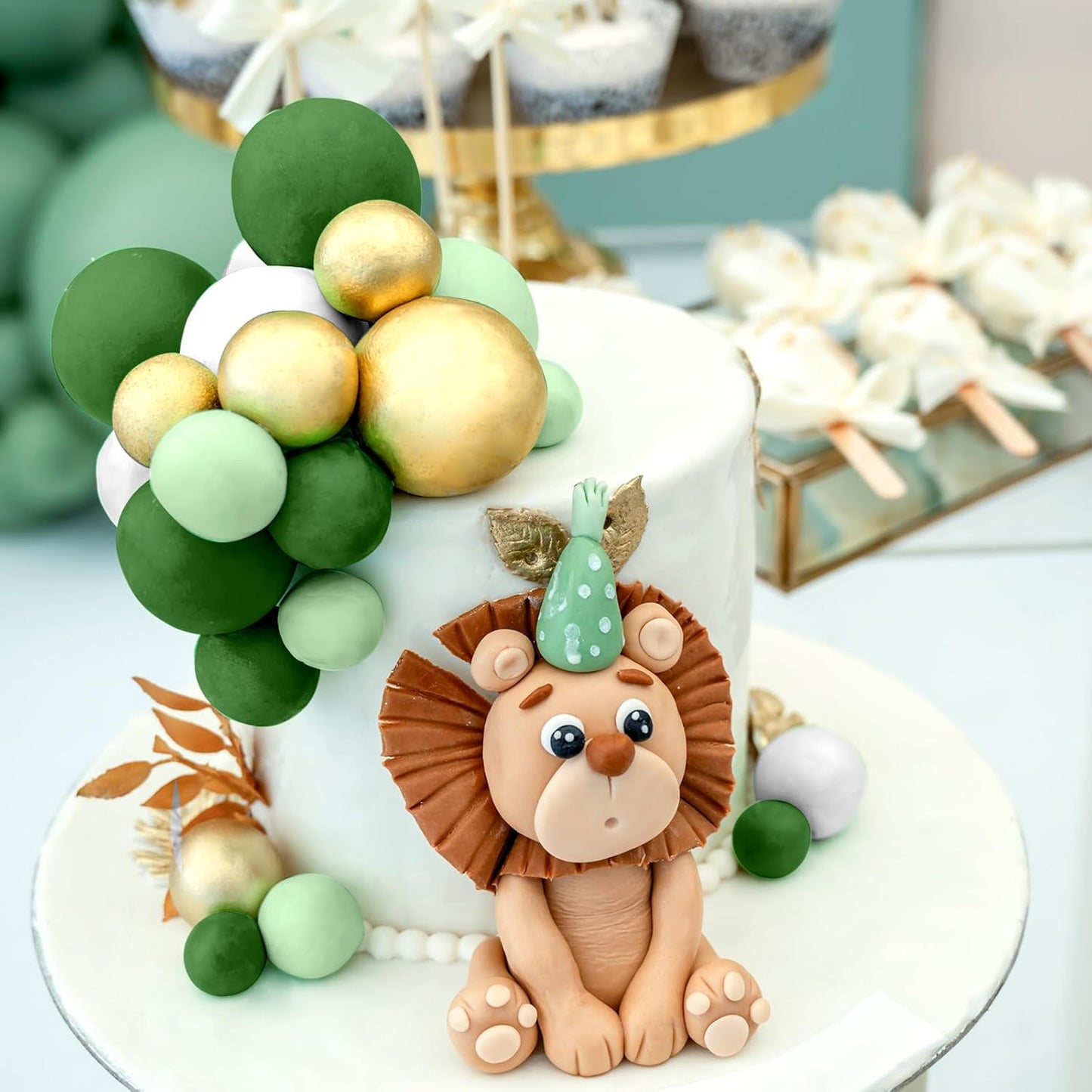 48 Pcs Cake Topper Decorations - Balloon Cupcake Toppers, Foam Balls for Birthday Party Wedding Cake Decorating (Green, Light Green, White, Gold)