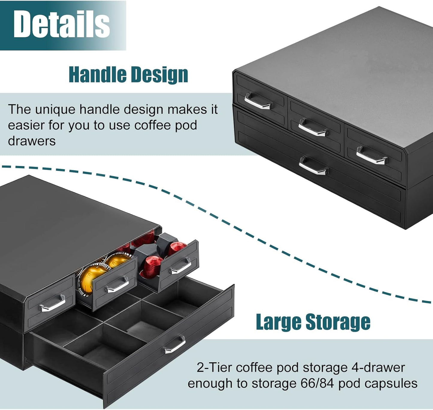 K Cup Holder Drawer 66/88 Pods Capacity, Four Drawers Design for Nespresso Pods Holder, Coffee Pod Holder Compatible With Keurig Pod Organizer&Nespresso/K-Cup/Vertuo Pod Holder, Black