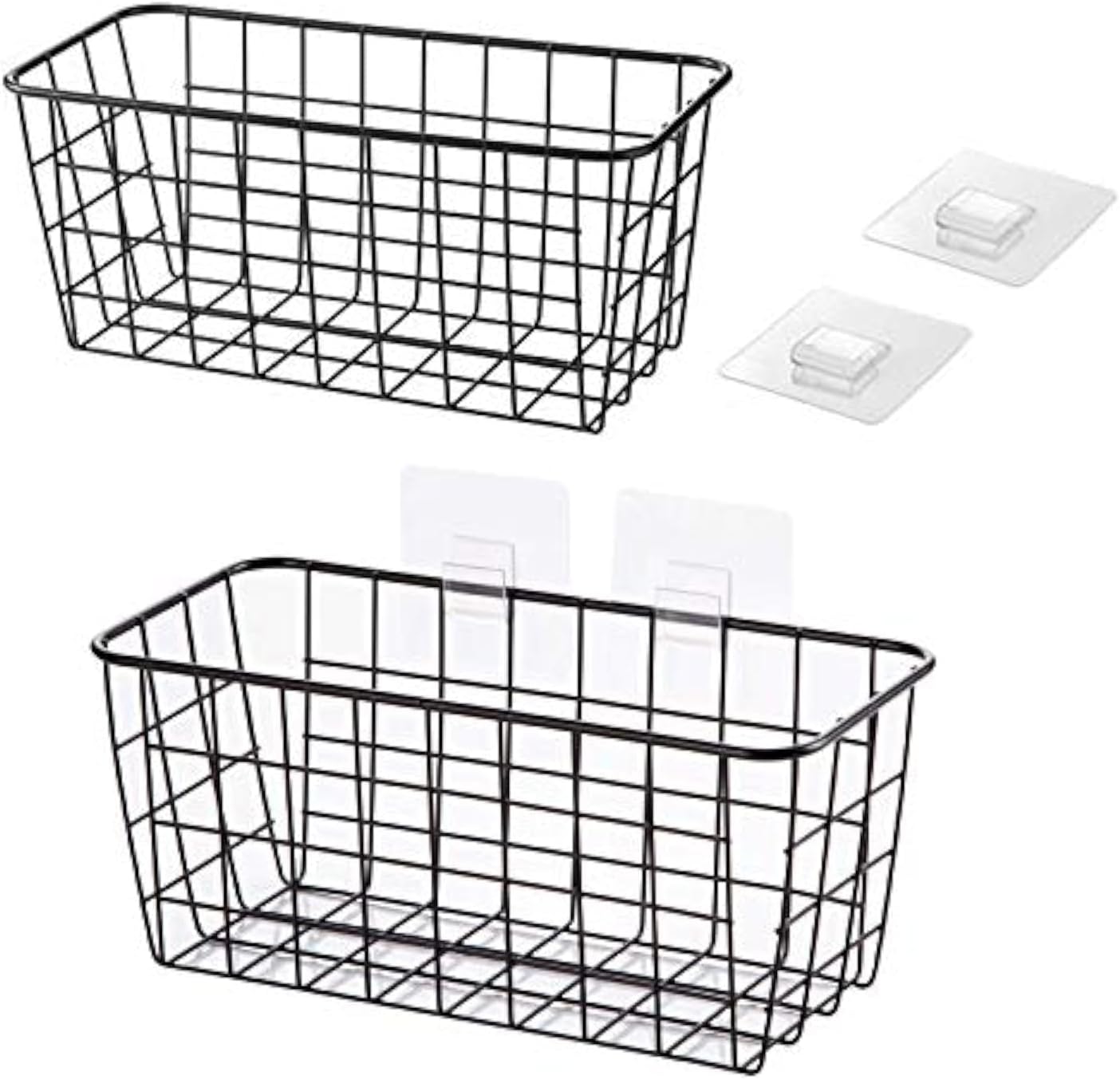 2 Set Hanging Wall Basket Organizer Over the Cabinet Door Wire Baskets for Organizing -No Drilling Adhesive Wall Storage Basket, Space-Saving Hanging Baskets for Organizing Wall Mount Storage,Black