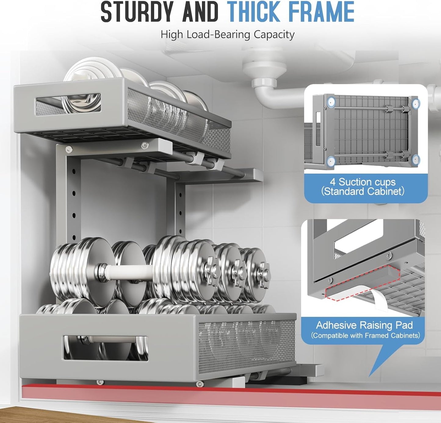 2-Pack Under Sink Storage Organizer, Large 2-Tier Elegant Mesh Pull Out Shelf for Kitchen and Bathroom Cabinet Organization, L-Shaped and Adjustable Height Design-Gun Gray