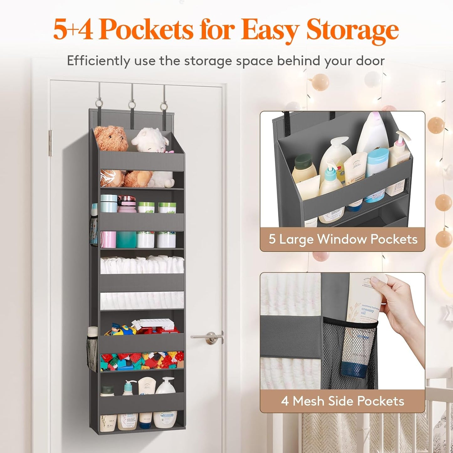 Lifewit 6 Packs Over the Door Organizer, 5 Shelf Clear Window Hanging Storage with 4 Mesh Side Pockets, Anti Tilt 40 lbs Load Behind Door for Pantry, Nursery, Bathroom, Bedroom, Kitchen, Dorm, Grey