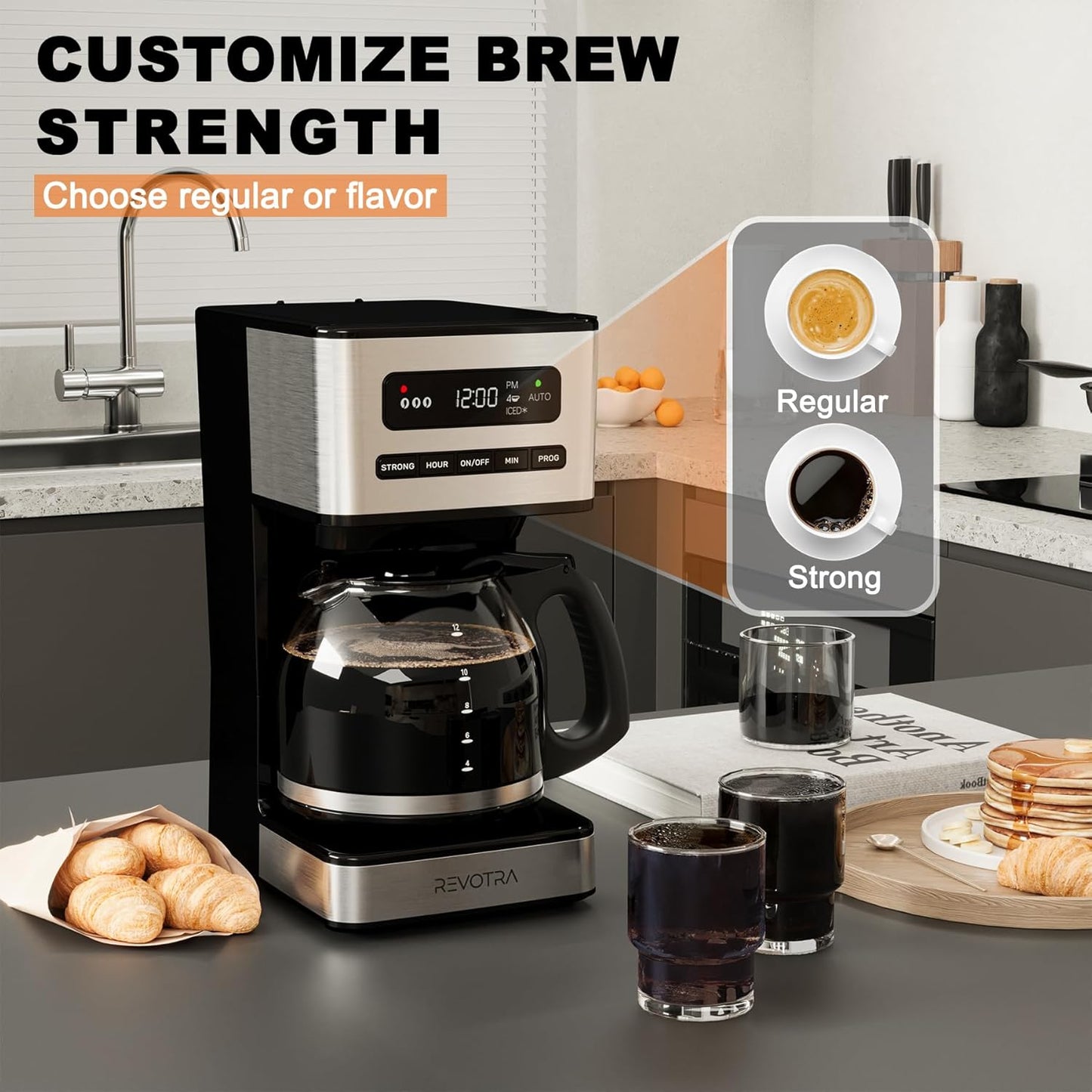 12-Cup Programmable Coffee Maker, Regular & Strong Brew Drip Coffee Machine, 1-4 Cup and Ice Coffee Setting, 24H Timer, Auto Shut-Off, Keep Warm, Pause & Serve