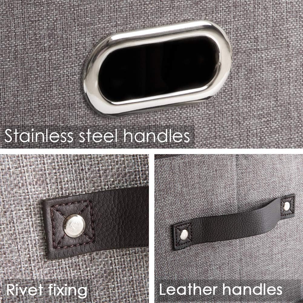 PRANDOM Larger Collapsible Storage Bins for Closet [3-Pack] Decorative Linen Fabric Storage Baskets Cubes with Leather/Metal Handles for Living Room Cloth Grey and Black Trim (17.3x12.2x10.4 Inch)