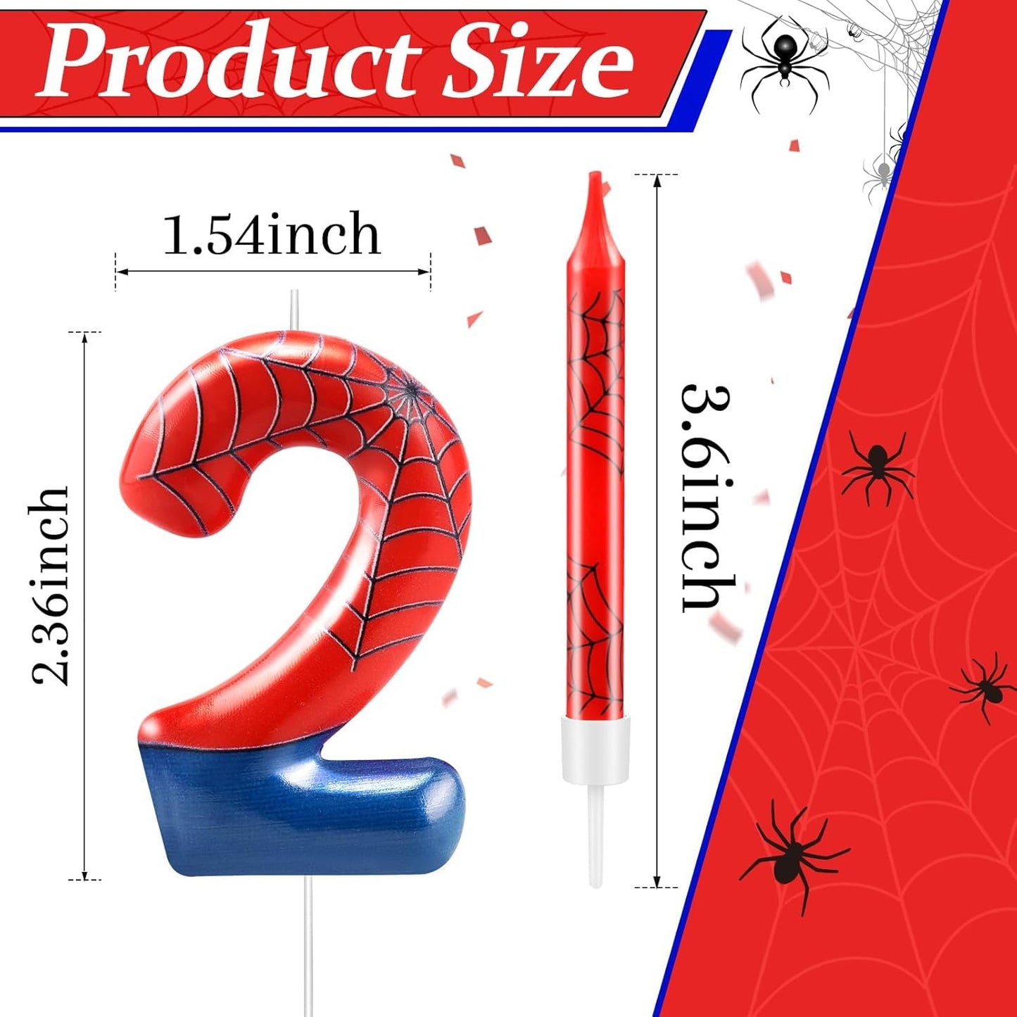 13 Pcs Spider Themed Birthday Candle Set Red Spider Theme Number 2 Candle Cake Topper for Boys Girls Birthday Decoration Spider Party Decoration Supplies (Number 2)