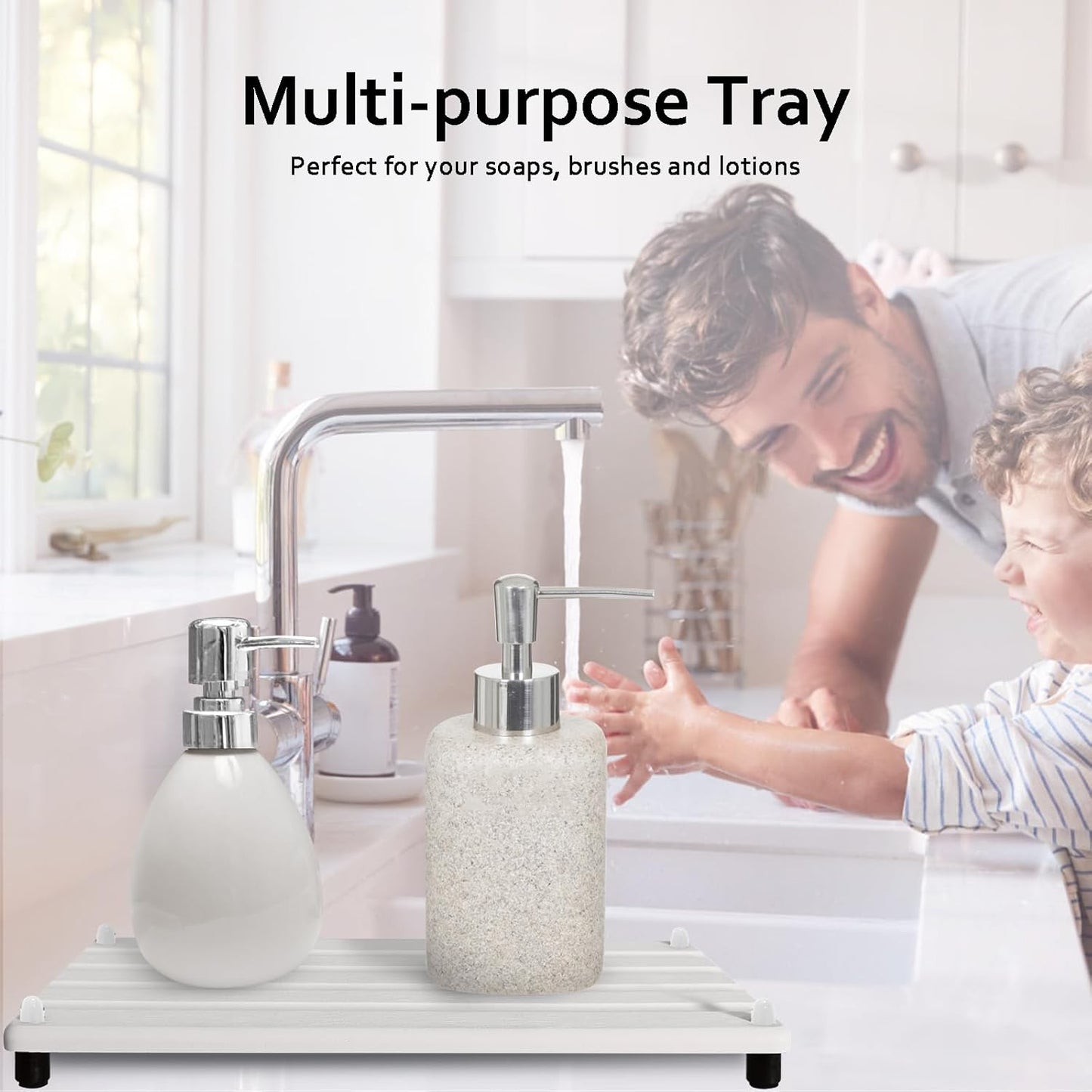 2 PCS Water Absorbing Stone Trays for Bathroom Counter, Fast-Drying Faucet Mat for Kitchen Sink, Diatomite Sink Caddy, Hand Soap Holder with Anti-Skid Feet (11" x 4.7" White)