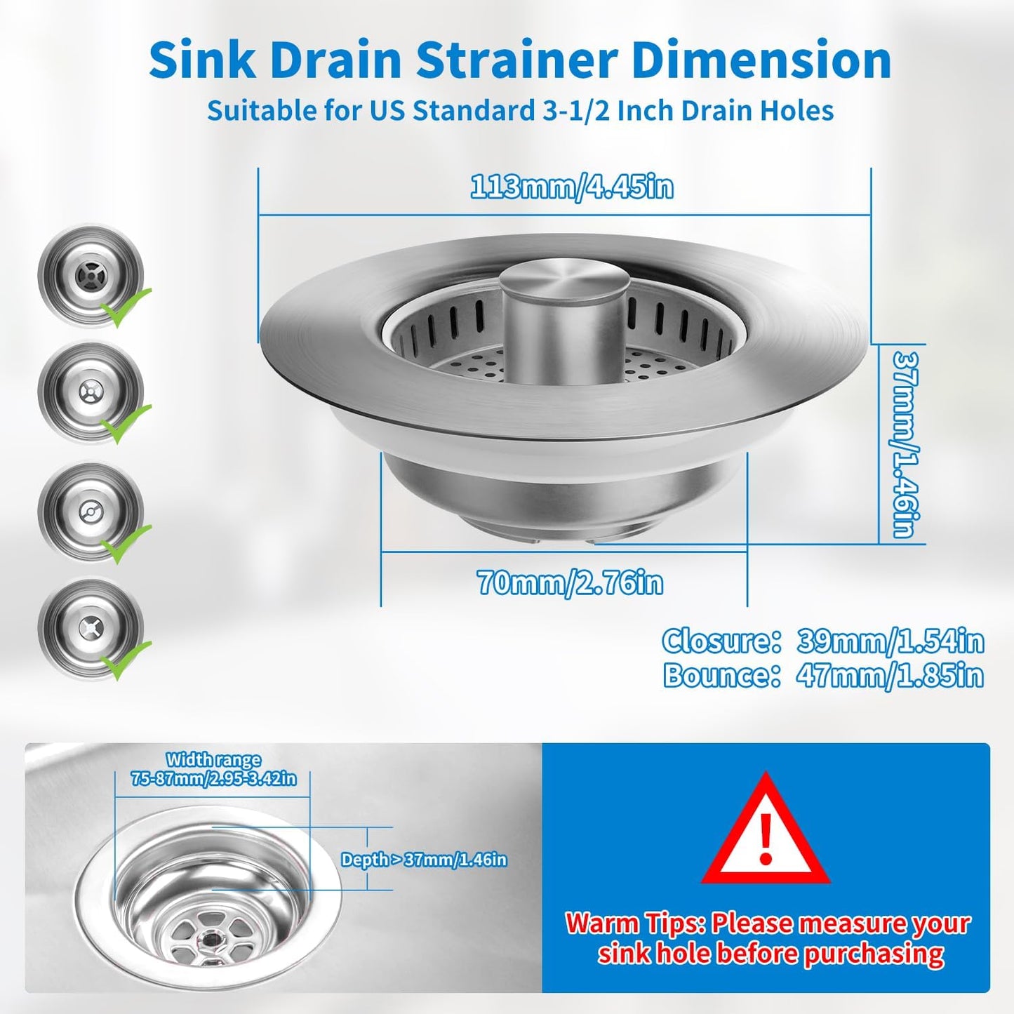 3 in 1 Kitchen Sink Drain Strainer, Upgraded Stainless Steel Sink Stopper Anti-Clogging Pop Up Sink Strainer with Basket Strainer for US Standard 3-1/2" Drain (Silver-2Pcs)
