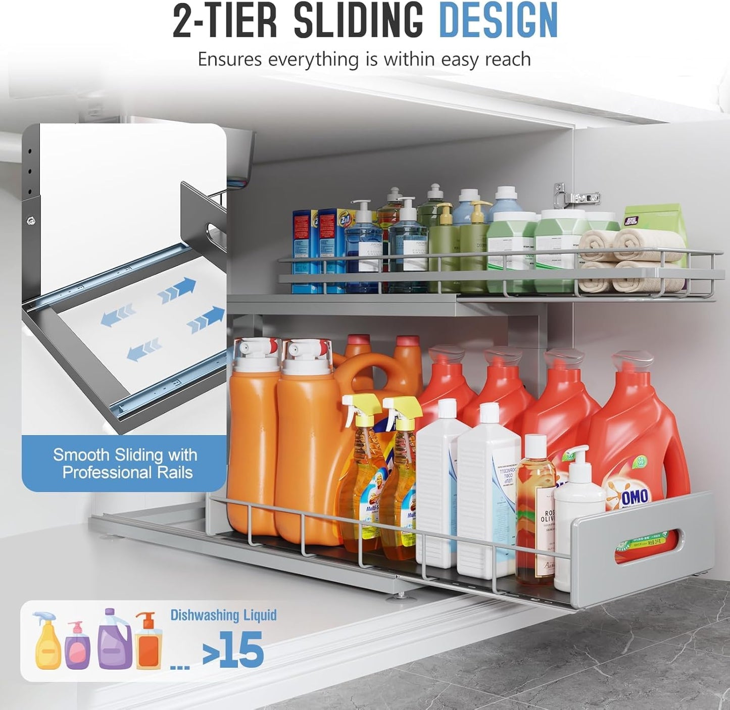 2 Pack 21 in Depth Pull Out Cabinet Storage with Smooth Rails,2-Tier Dual Pull Out Cabinet Storage for Bathroom Kitchen,Under Sink Shelf-Gun Gray