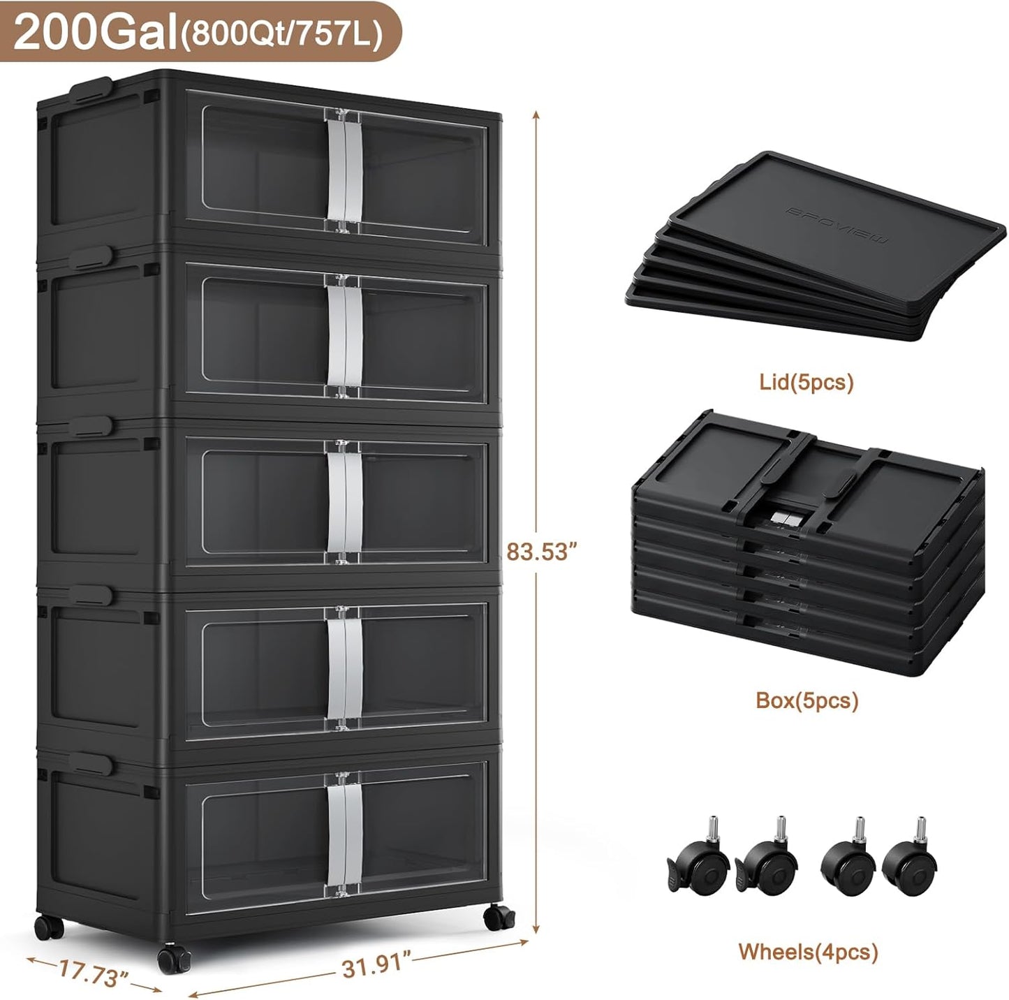 800QT Stackable Storage Bins with Lids, 200Gal Extra Large Collapsible Storage Box with Wheel, Plastic Storages with Clear Door Open Front for Home Living Room Garage, Black-5pack(5 lids)