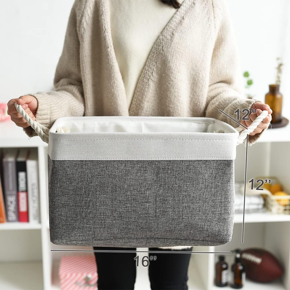 TheWarmHome Organization and Storage Basket for Organizing - 3 Pack 16x12x12 inch Cube Storage Bin Fabric Storage Cubes for Organizer Cloth Gift Toy Closet (White & Grey)