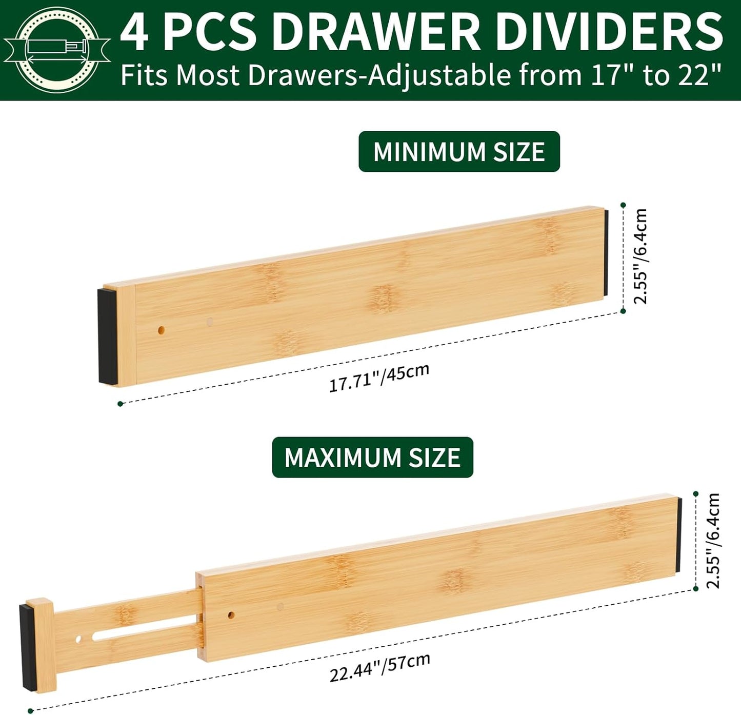 4 Pack Bamboo Drawer Dividers 2.6" High,17-22" Adjustable Spring Loaded Drawer Organizers for Kitchen, Dresser, Bathroom, Bedroom and Office