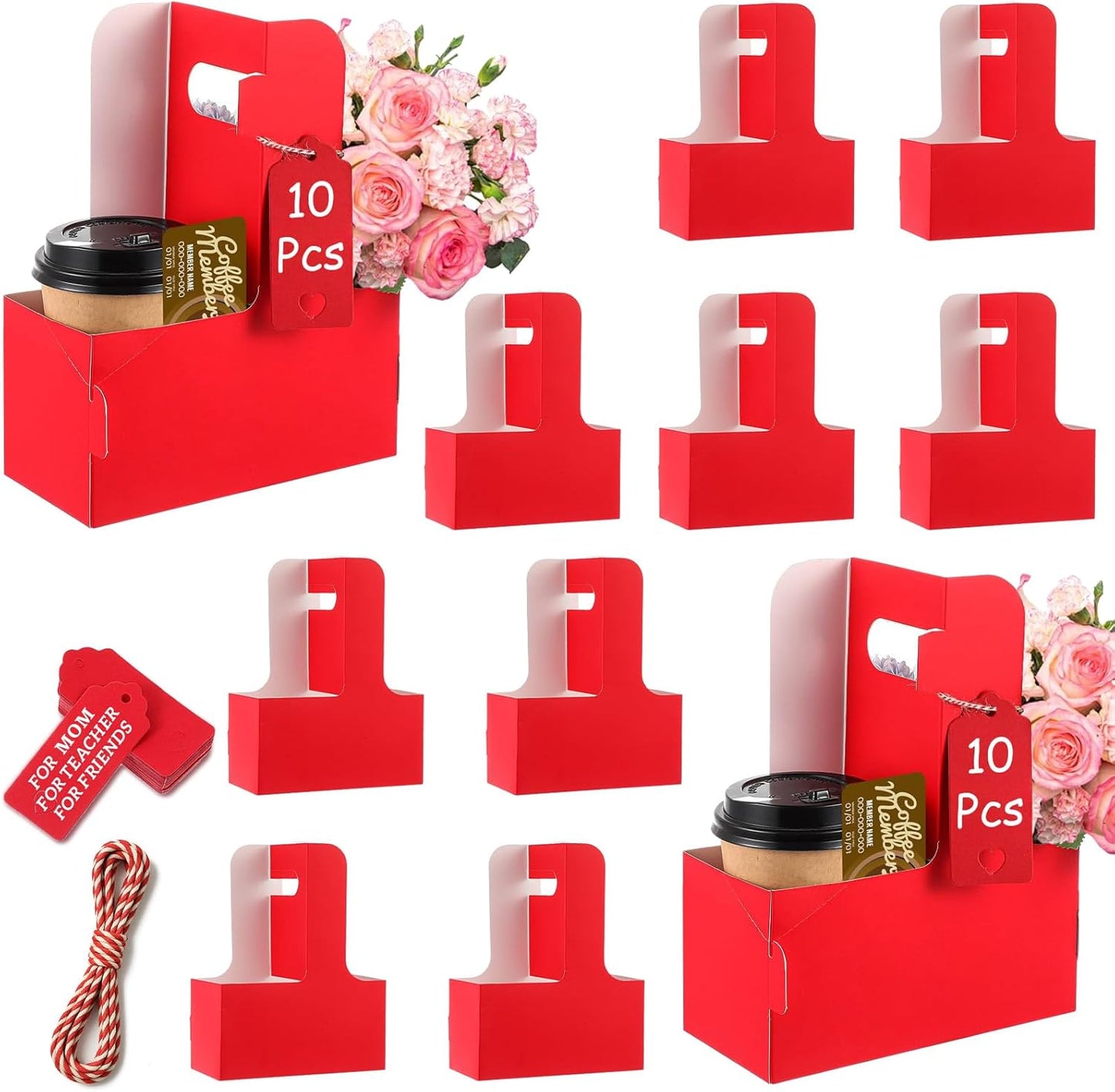 10 Pack 2 Cup Disposable Drink Carrier with Handle Paperboard Coffee Cup Holder Portable for Hot Cold Drinks Food Delivery Services with Heart Card for Teacher Appreciation Week Mother's Day