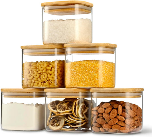 22oz Airtight Square Spice Containers with Bamboo Lid Set of 6 (650ml) Kitchen Pantry Organization Jar Stackable Spice Jar, for Sugar, Tea, Cookies and Coffee beans (‎with Black Lable)