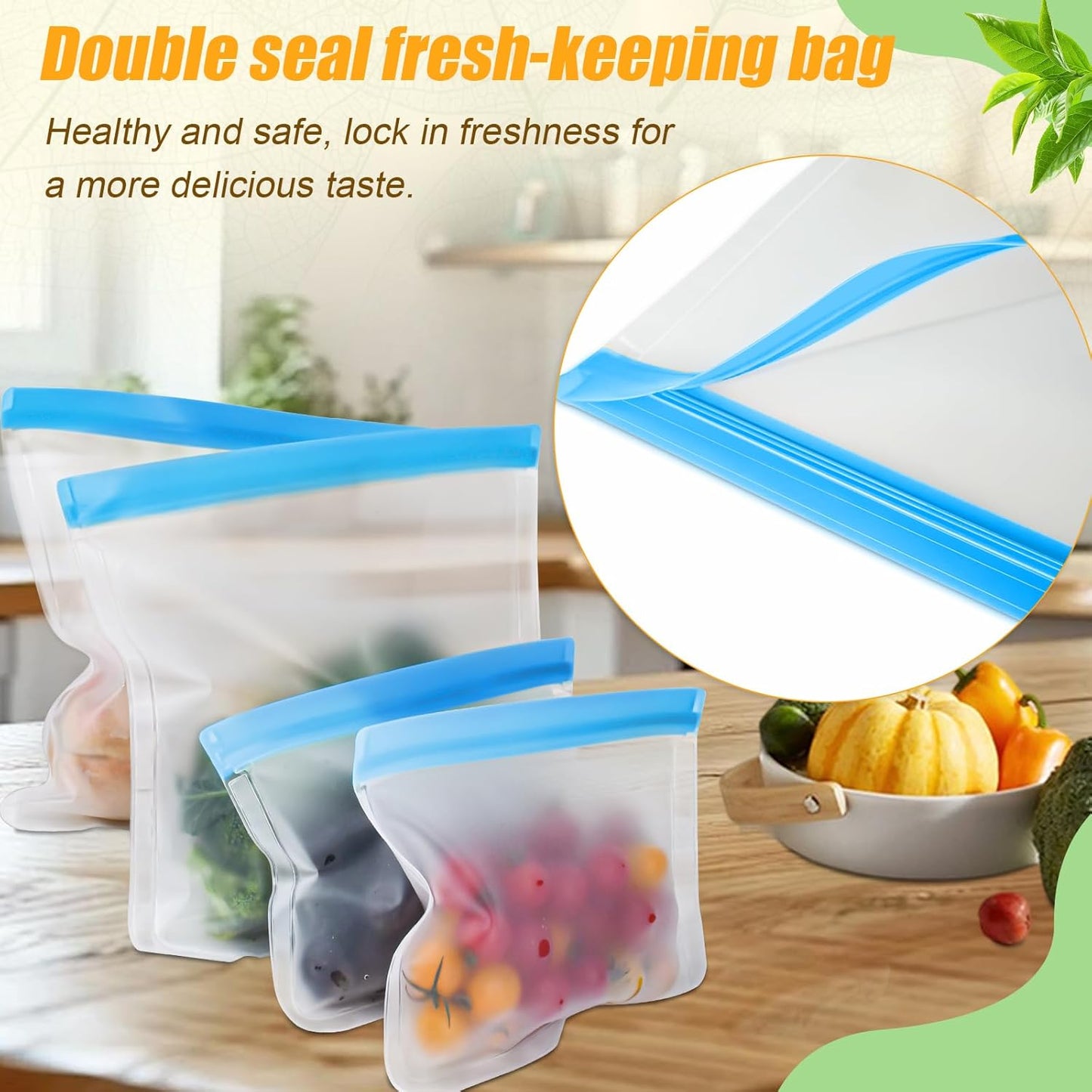 10 Pack Reusable Silicone Food Storage Bags, Leakproof Dishwasher Safe Reusable Freezer Bags for Food Containers, Lunch Bags for Sandwich, Snack, Marinate Meat, Salad Fruit