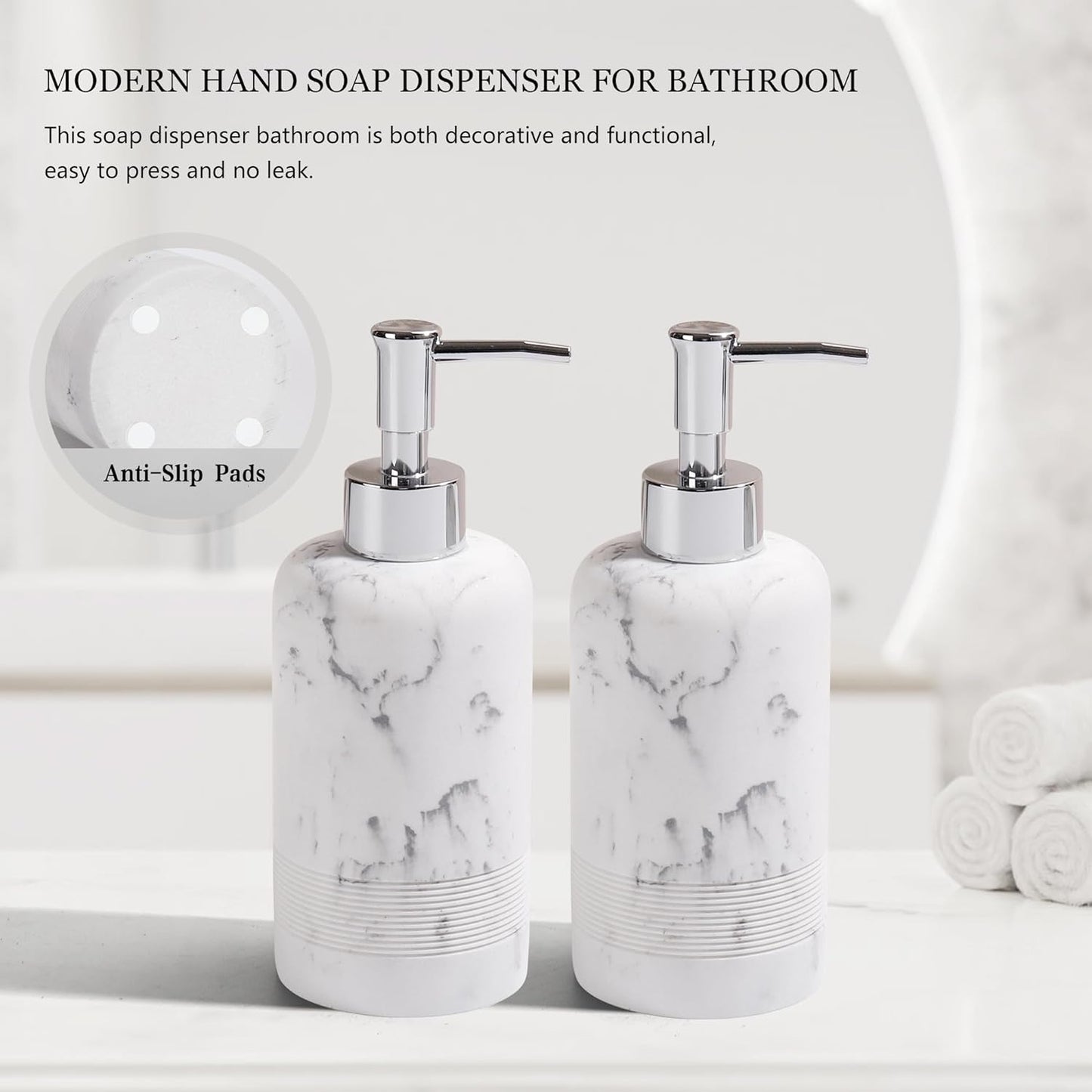 2pcs/Set Hand Soap Dispenser Sets - 10.8oz Refillable Resin Liquid Soap Dispensers with Rust-Proof Pump for Bathroom Countertop or Kitchen, Marble White