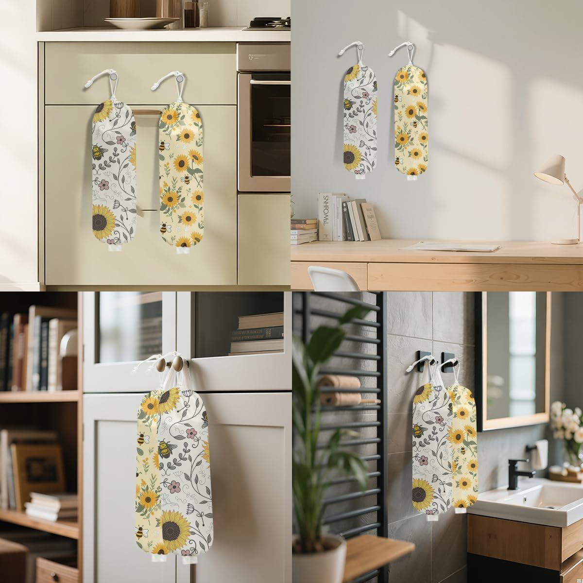 2Pcs Cute Bee Plastic Bag Holder, Wall Mount Grocery Bag Holder for Plastic Bags, Vintage Rustic Sunflower Reusable Grocery Bags Storage Dispenser for Home Kitchen Pantry, Sunflower Gifts for Women