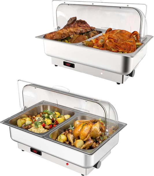 2 Pack Electric Chafing Dishes Adjustable Temp Roll Top Food Warmer with 2 x 4.5 QT Size Pans, Stainless Steel Buffet Servers and Warmers, Temp Display Food Warmer Transparent Lid Chafers for Parties