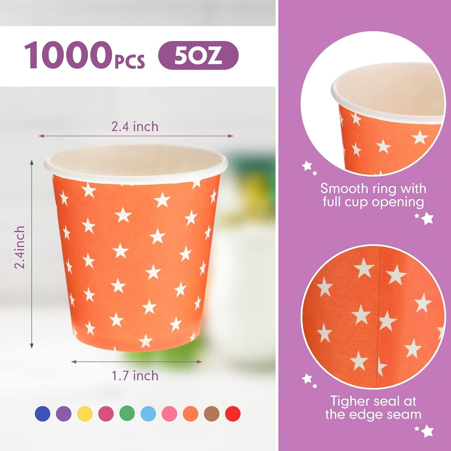 Thenshop 1000 Pack 5oz Paper Cups, Multicolor Small Disposable Cups, Hot/Cold Beverage Drinking Mouthwash for Parties, Picnic, Travel, Barbecues and Event, Star Style