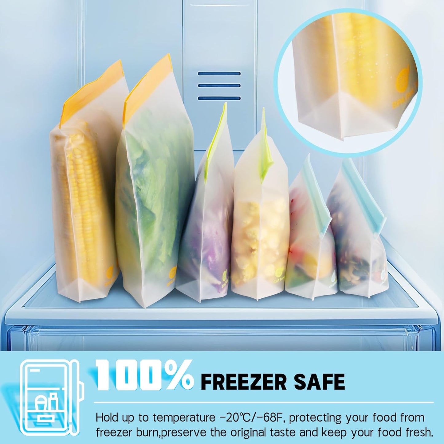 20 Pack Reusable Food Storage Bags,Leakproof Freezer Bags BPA Free Stand Up Sandwich Bags for Lunch Salad Fruit Travel,Dishwasher Safe(6 Gallon,8 Sandwich,6 Snack)