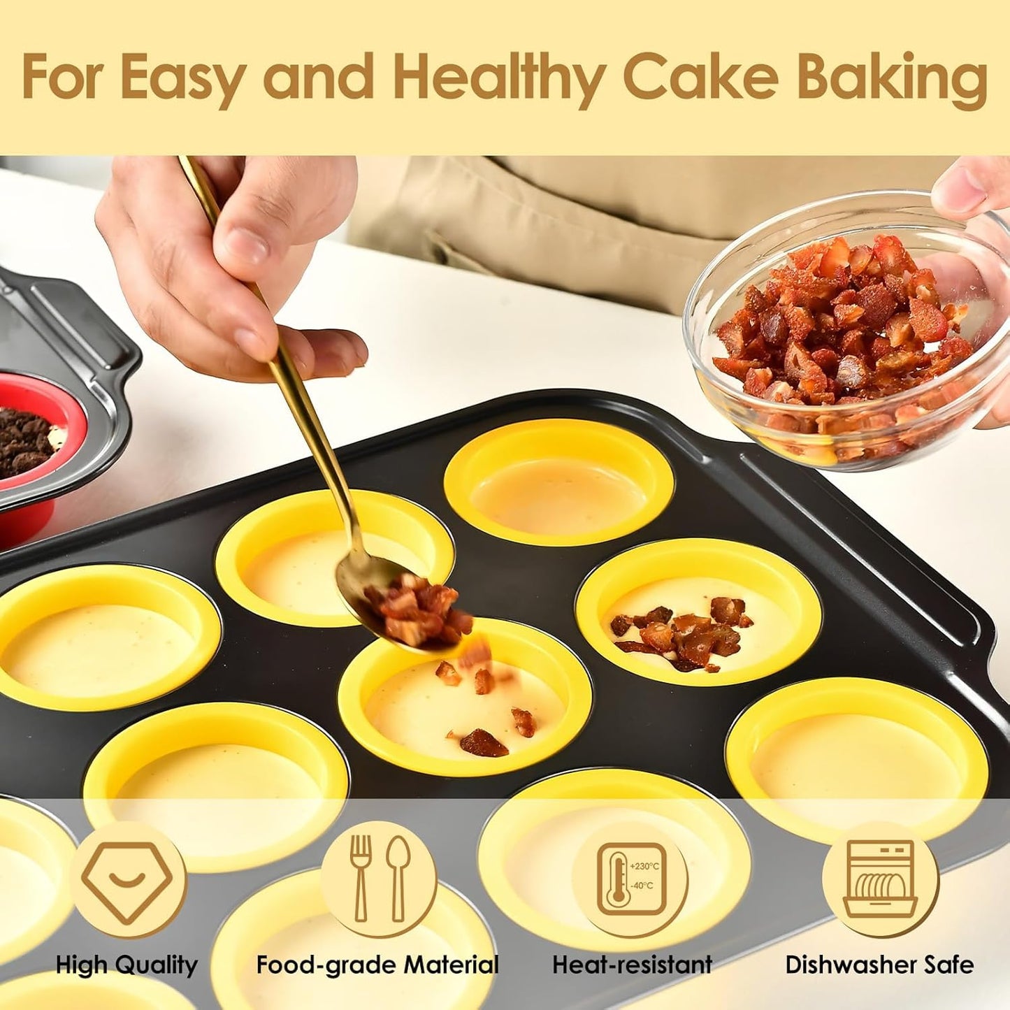 12 Cups Silicone Muffin Pans for Baking with Metal Frame, Egg Bite Molds, Cupcake Pans Regular Size, Muffin Tins Easy to Pop Nonstick Non Toxic Bakeware for Oven Dishwasher Safe