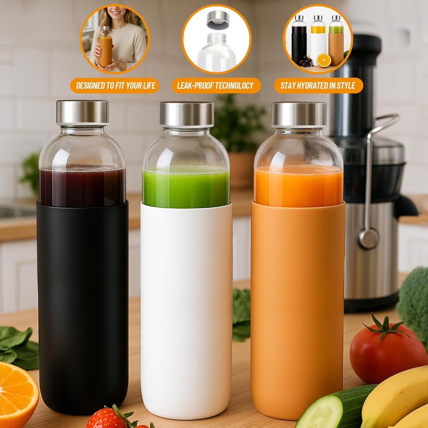 32 oz Clear Glass Bottles with Lids and Silicone Sleeve, Reusable Refillable Water Bottles for Juicing, Refrigerator,100% Leak Proof, BPA Free, Juice Glass Set of 3