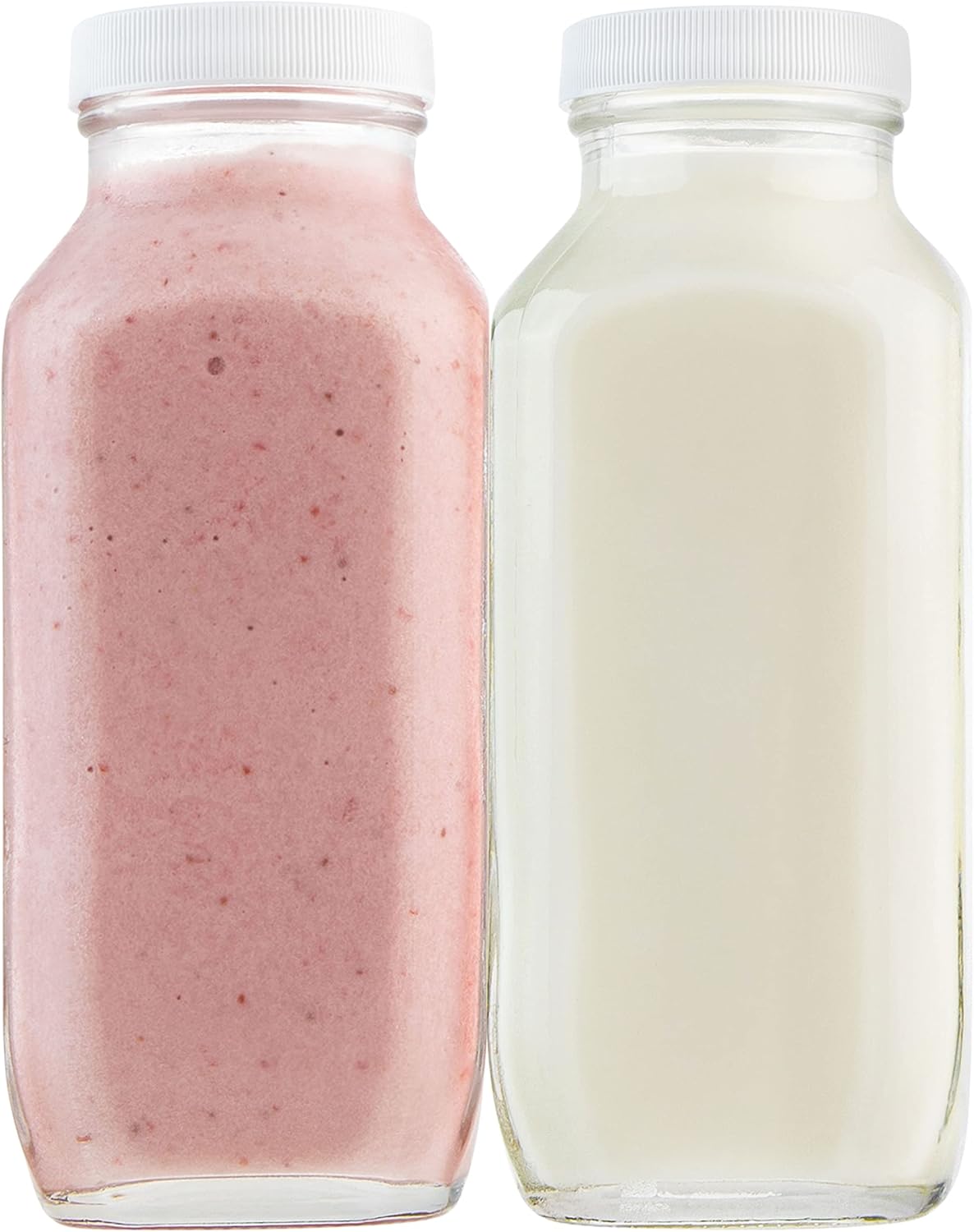 16oz Square Glass Milk Bottles with Plastic Airtight Lids -Vintage Reusable Dairy Drinking Jars Containers for Milk, Yogurt, Smoothies, Juice, Kefir, & Water -2 Pack 16 oz Glass Bottles with Lids