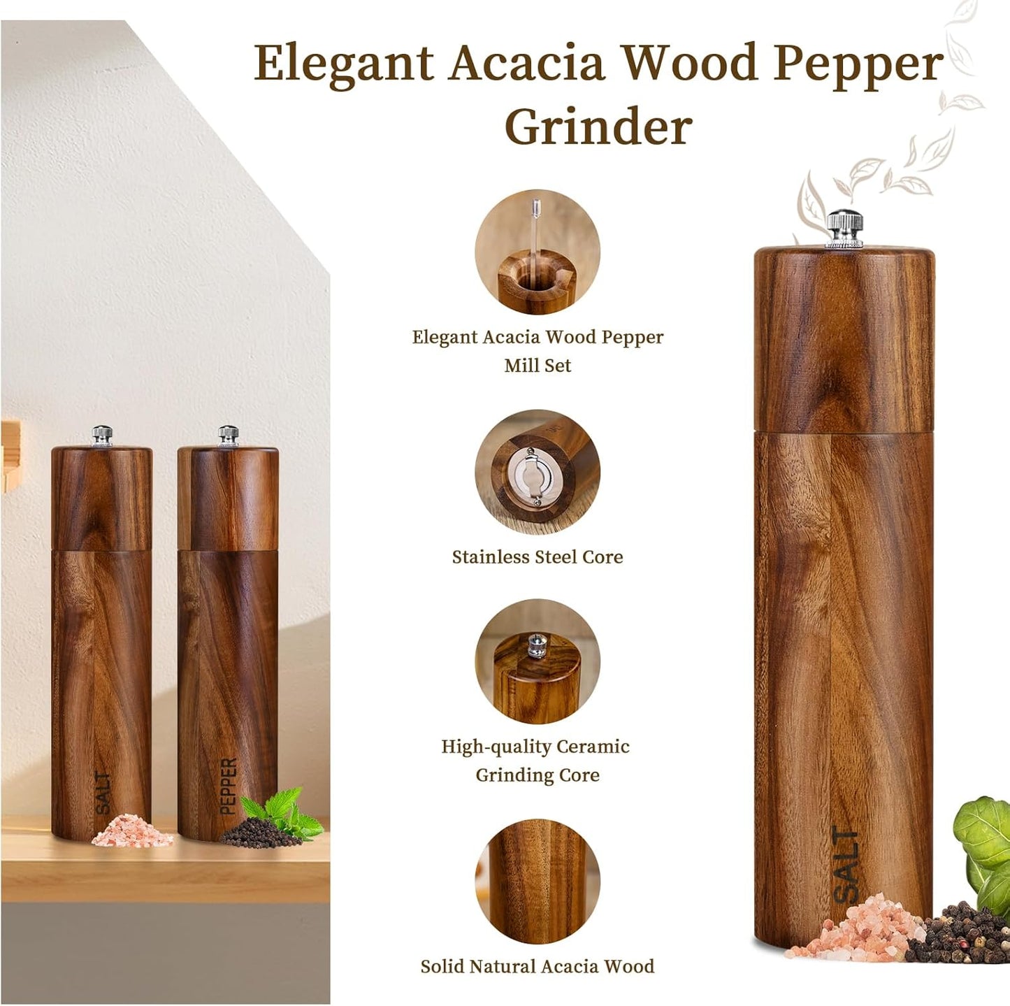 2 Pack Acacia Wooden Salt and Pepper Grinder Set 8 Inches Refillable Salt and Pepper Mills Adjustable Coarseness, Acacia Wood with Ceramic Core Peppercorn Shaker Tableware Birthday Gifts