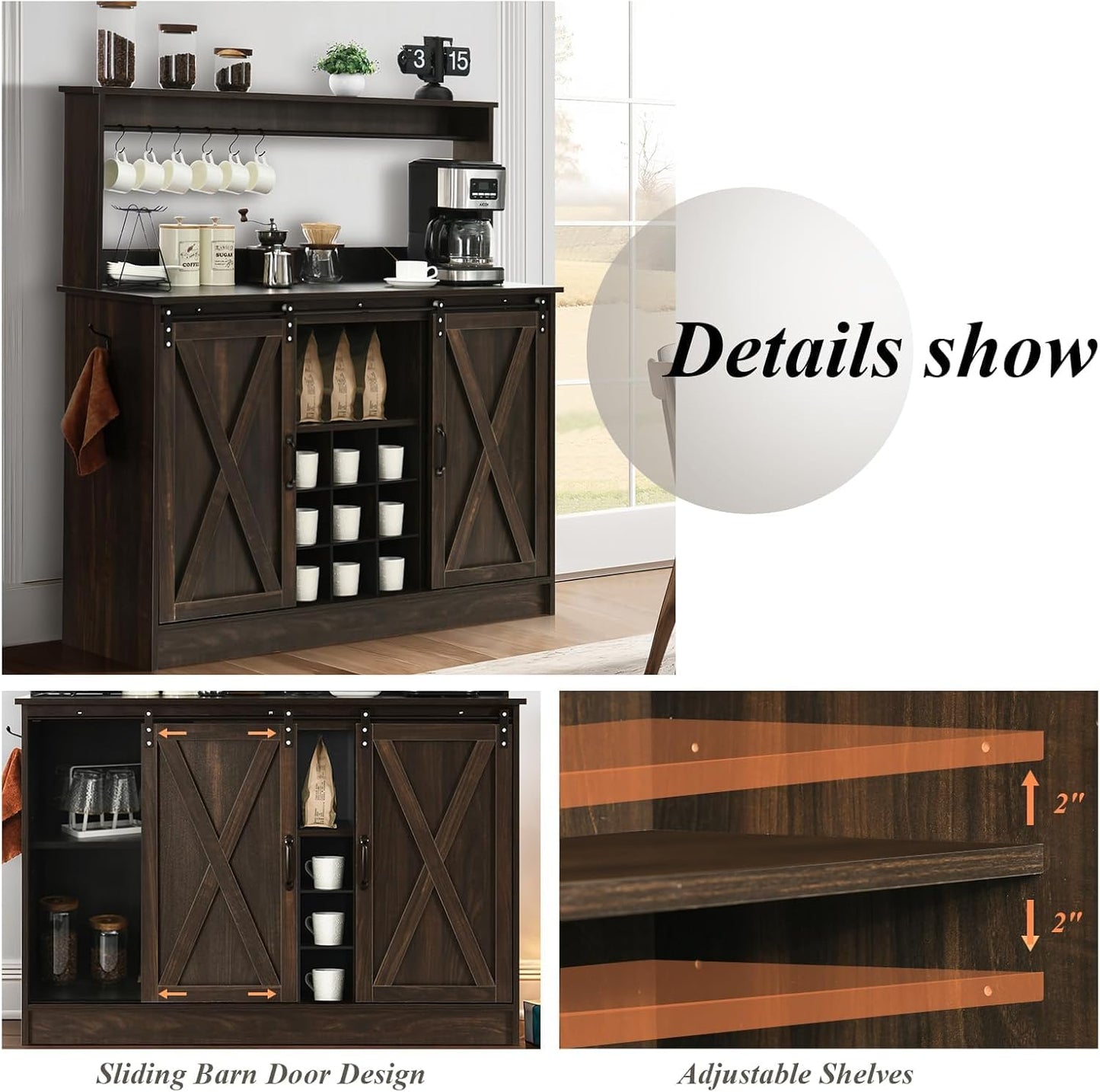 4ever2buy Farmhouse Coffee Bar Cabinet with 9 Wine Racks and 6 Hooks, 47 Inch Wine Cabinet with Storage, Kitchen Buffet Cabinet with Adjustable Shelves for Living Dining Room, Dark Oak