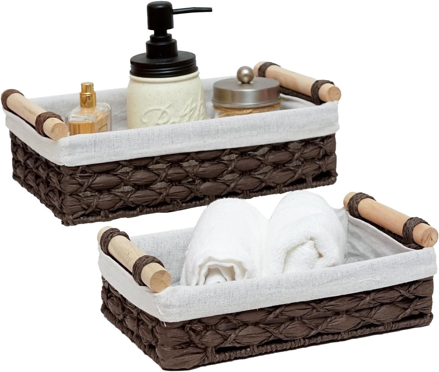 Storage Basket Wicker Baskets for Organizing with Handle Decorative Storage Bins for Countertop Toilet Paper Storage Basket for Toilet Tank Top Small Baskets Set (Set of 2)