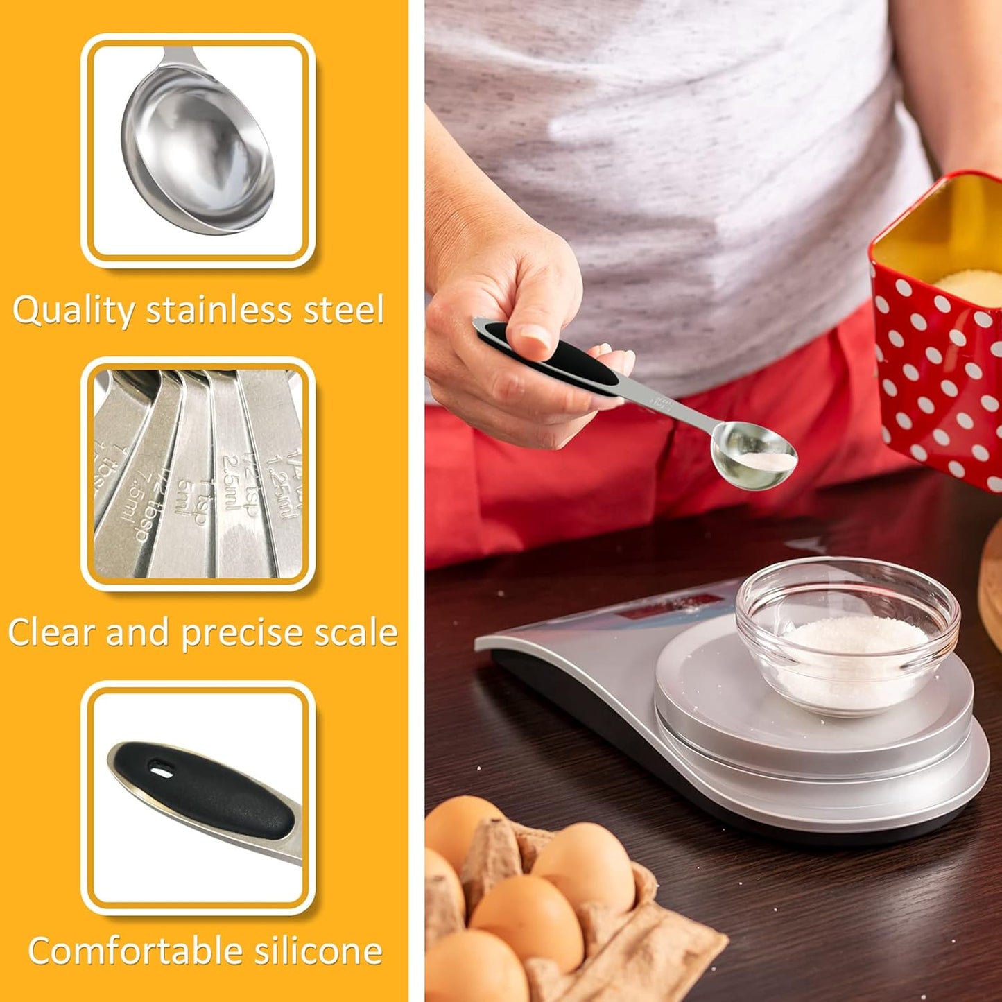 2PCS 1 Tsp(1/3tbsp, 1/6oz, 5ml) Single Measuring Spoon with Black Silicone Grip, Stainless Steel Individual Measure Scoop Only