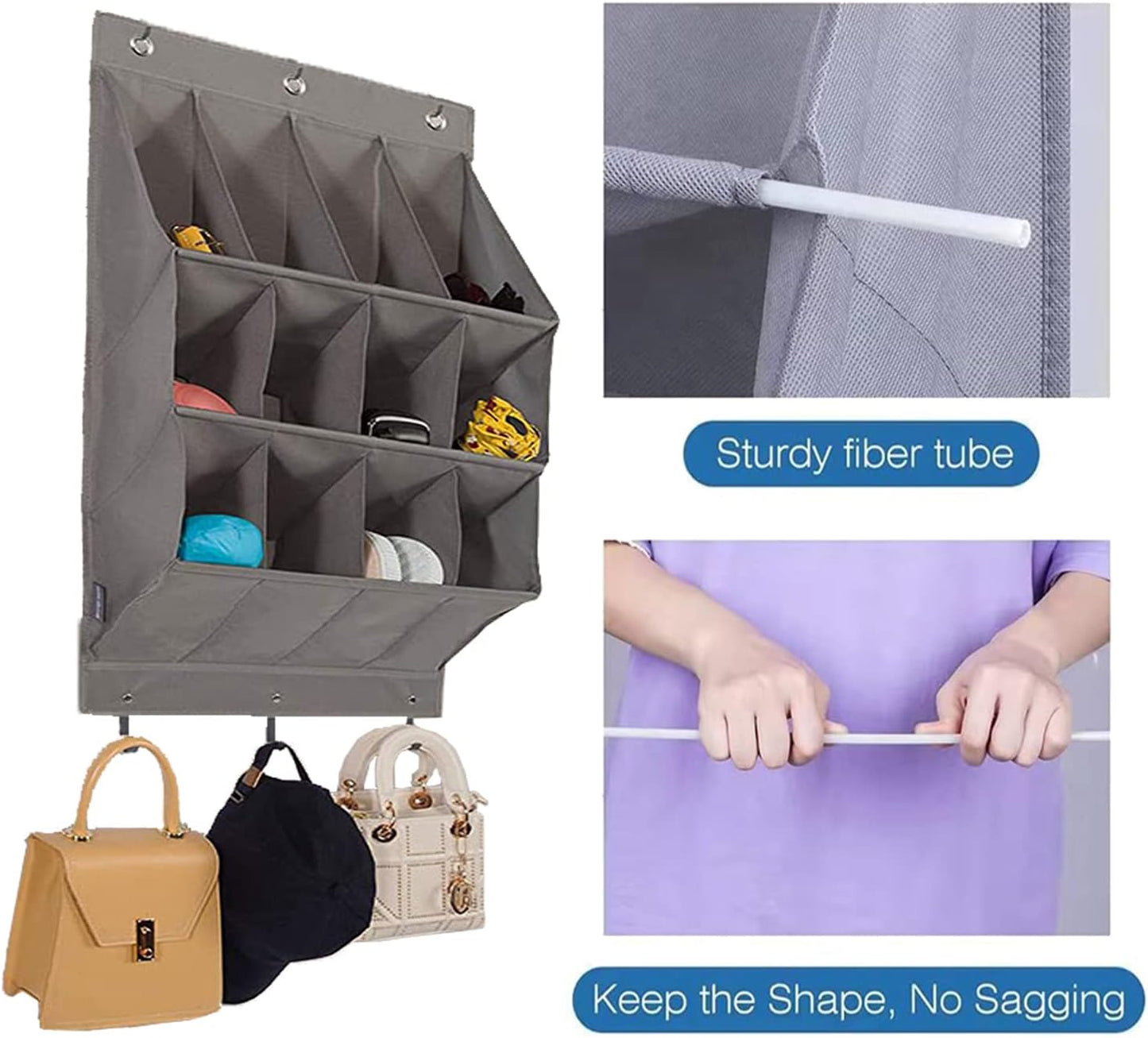 Over the Door Shoe Organizer, Grey 12 Pockets Hanging Shoe Storage Rack with Large Deep Pockets, Oxford 600D Fabric Shoe Storage Rack with 6 hook for Shoes, Home Accessories etc