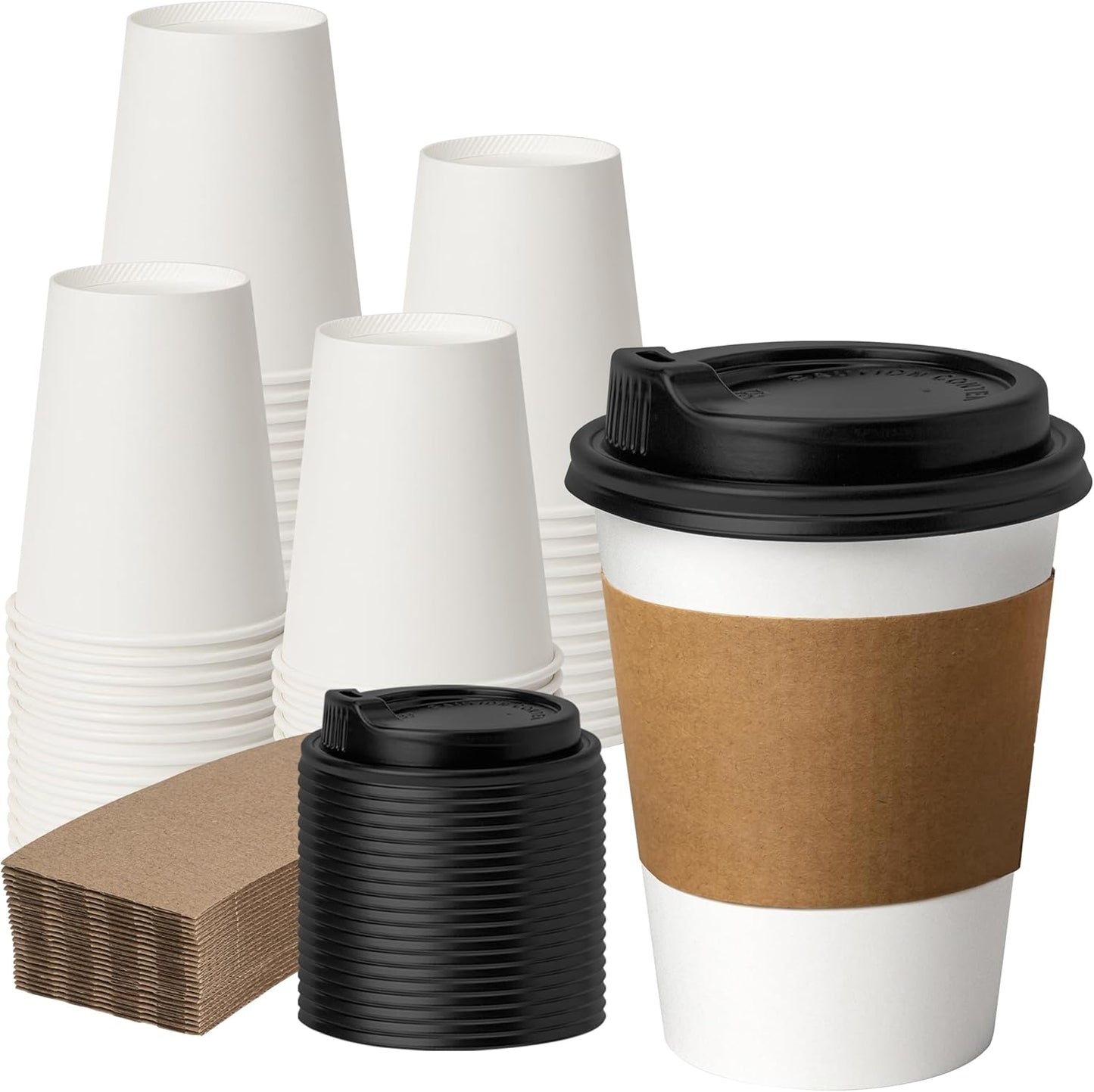 50 Pack 12 oz Disposable Coffee Cups with Lids and Sleeves, Paper Coffee Cups for Hot/Cold Drinks, Leak-Proof To Go Cups for Home, Cafes, Events and Office