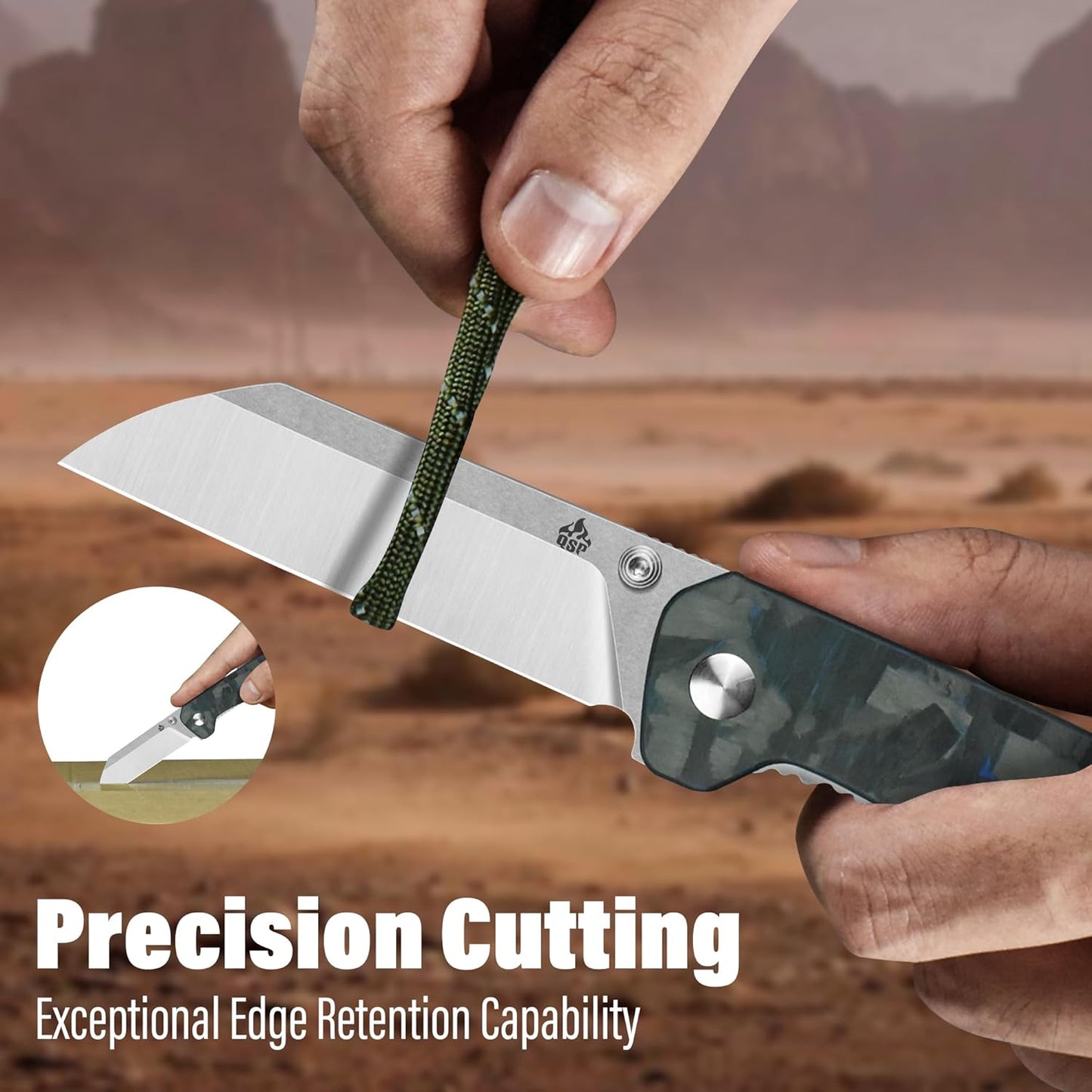 QSP Penguin V2 Folding Pocket Knife, 3.06" D2 Two Tone Finish Stonewash Satin Blade EDC Knife, Blue Shredded CF Overlay G10 Handle, Liner Lock, Ceramic Ball Bearings, Reversible SS Deep Carry Clip