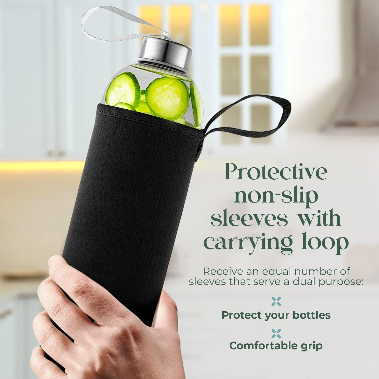 32 oz Glass Water Bottle Set of 12 - Glass Water Bottles Caps & Sleeve, Reusable Glass Bottle Lids, Clear Glass Bottles, Refillable Glass Juice Bottles for Juicing, Juicer Bottles