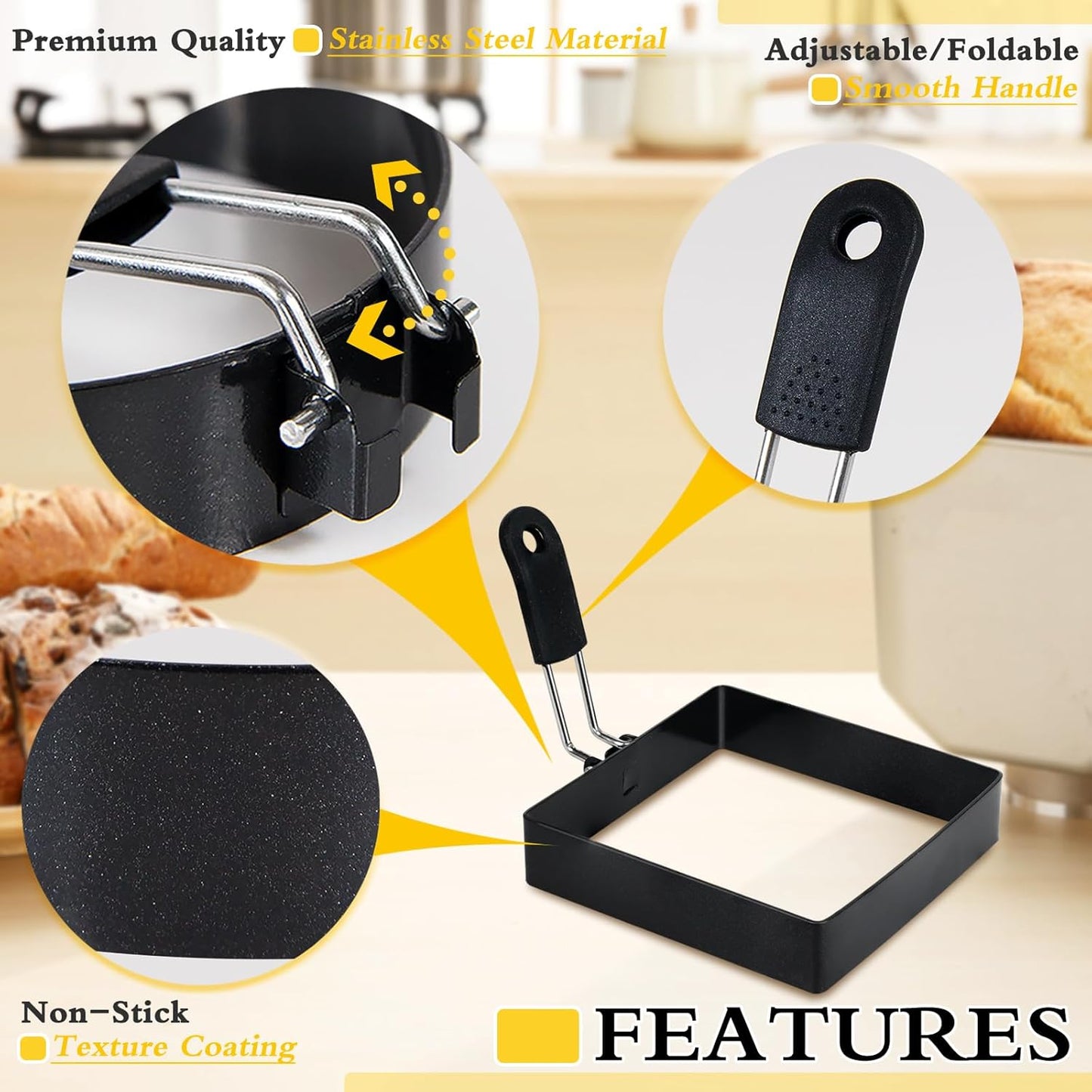 2-Pack 4'' Square Egg Rings Set, Silicone Handle, Stainless Steel, Nonstick, For Frying Eggs