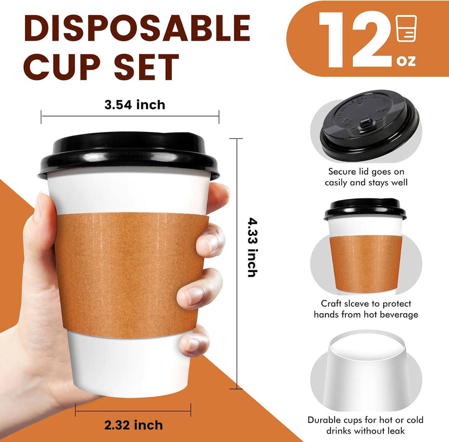 12 oz Paper Coffee Cups with Lids and Sleeves 100 Pack, Sturdy Leak-Proof Design for Hot Drinks, Disposable Coffee Cups for Office, Parties, and Travel