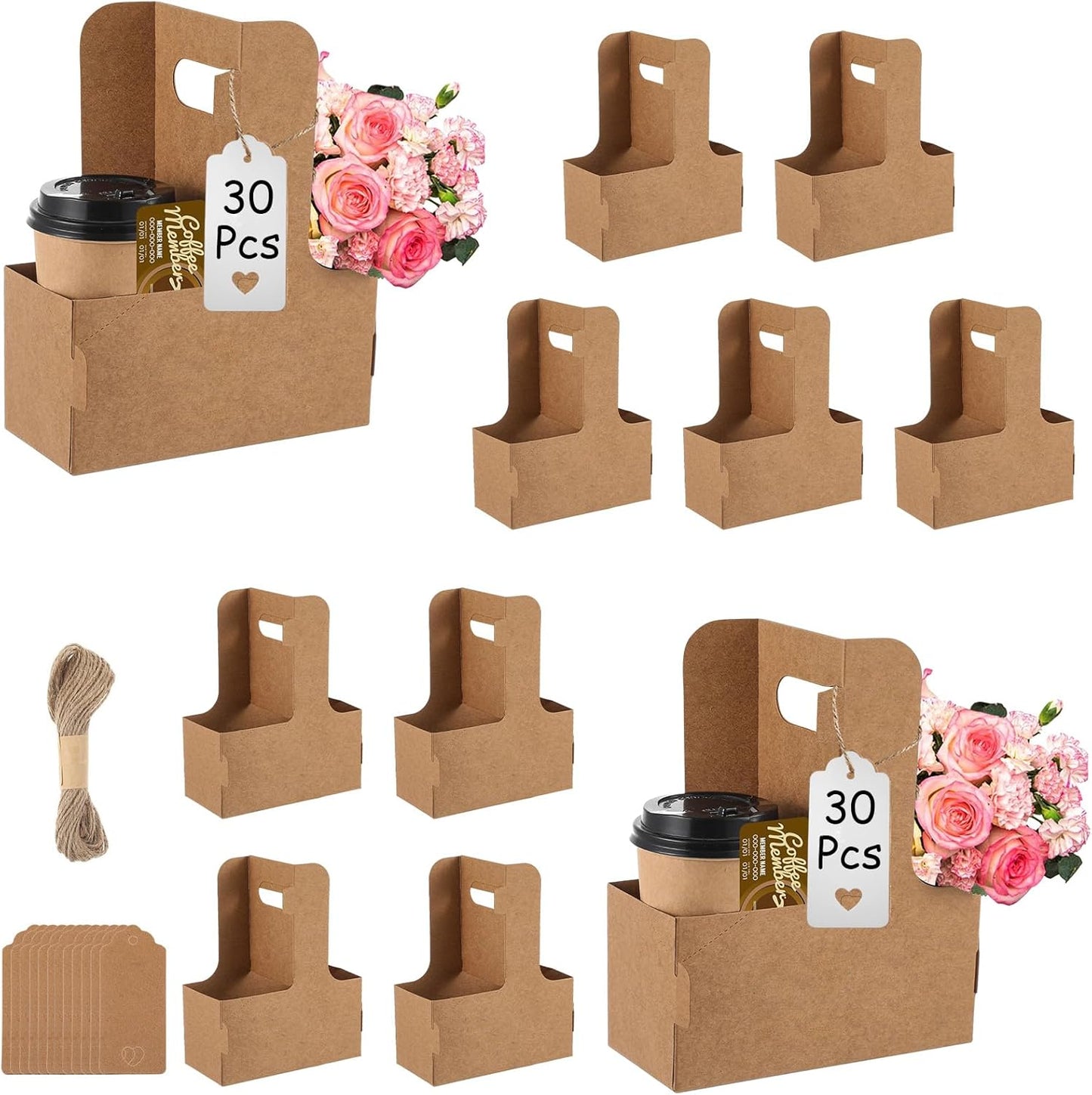 30 Pack 2 Cup Disposable Drink Carrier with Handle Paperboard Coffee Cup Holder Portable for Hot Cold Drinks Food Delivery Services with Heart Card for Teacher Appreciation Week Mother's Day