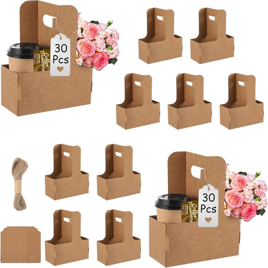 30 Pack 2 Cup Disposable Drink Carrier with Handle Paperboard Coffee Cup Holder Portable for Hot Cold Drinks Food Delivery Services with Heart Card for Teacher Appreciation Week Mother's Day